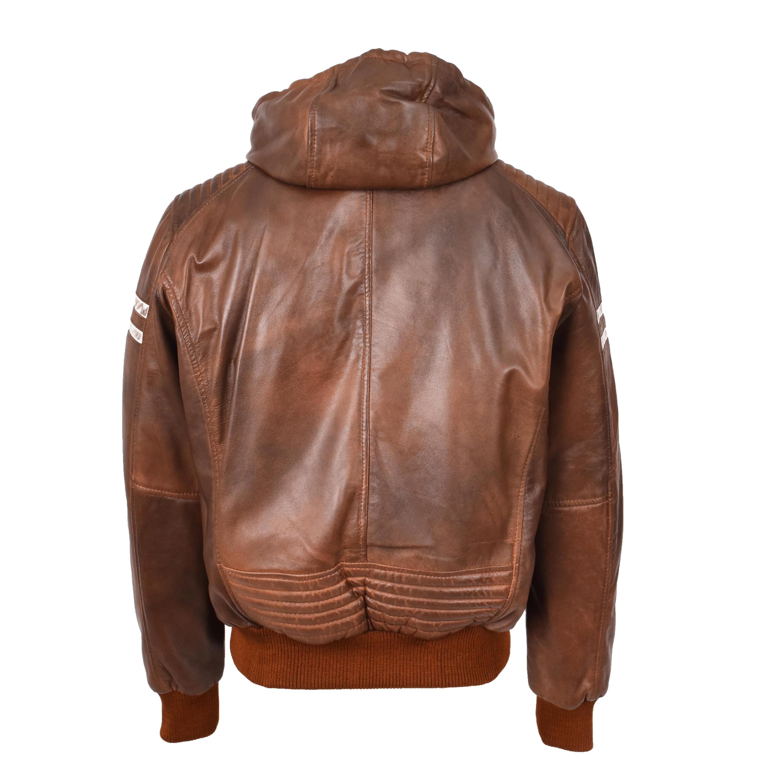 BUNERI Blouson Bomber en Cuir Véritable Cognac avec Capuche Amovible Zip pour Homme – Image 2