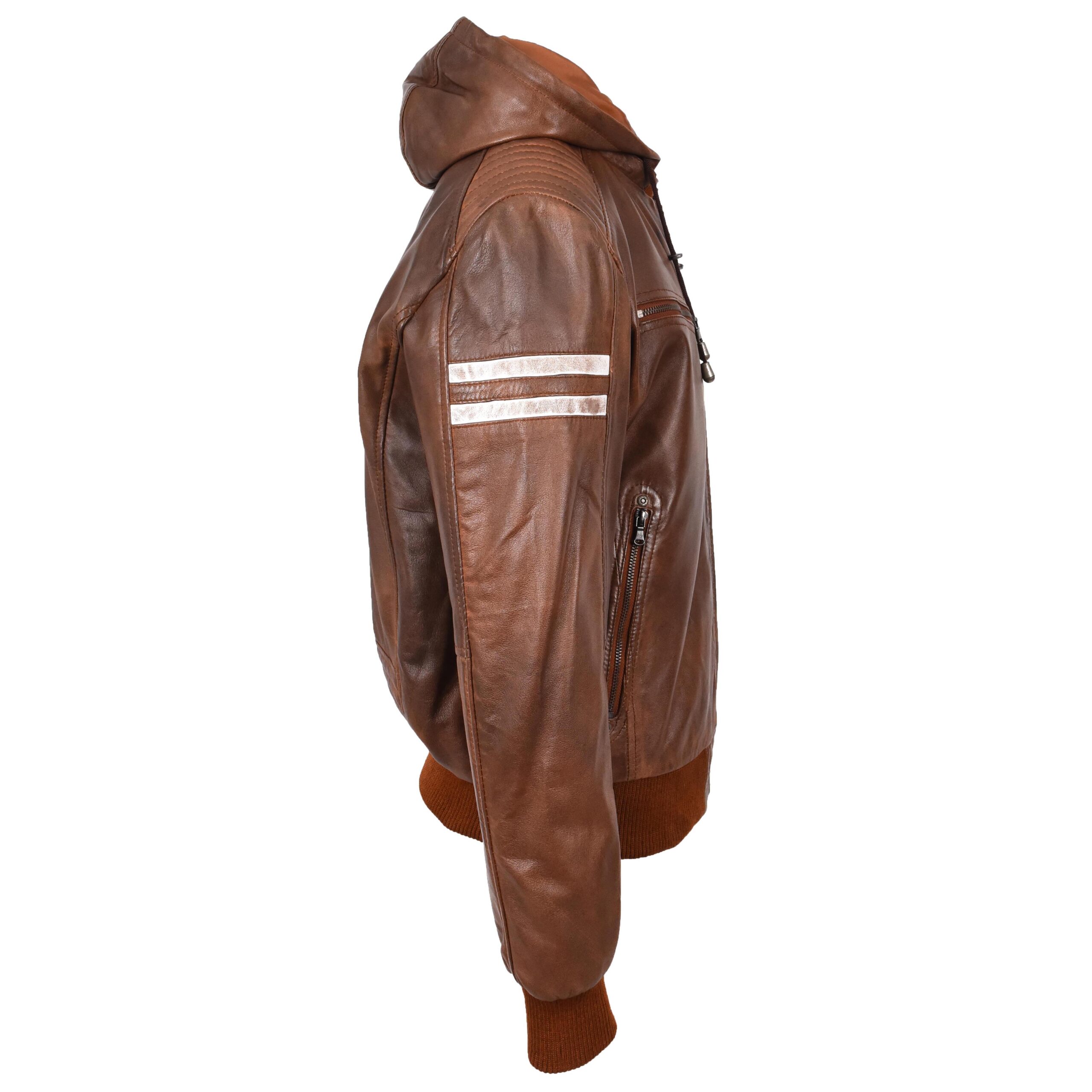 BUNERI Blouson Bomber en Cuir Véritable Cognac avec Capuche Amovible Zip pour Homme – Image 3
