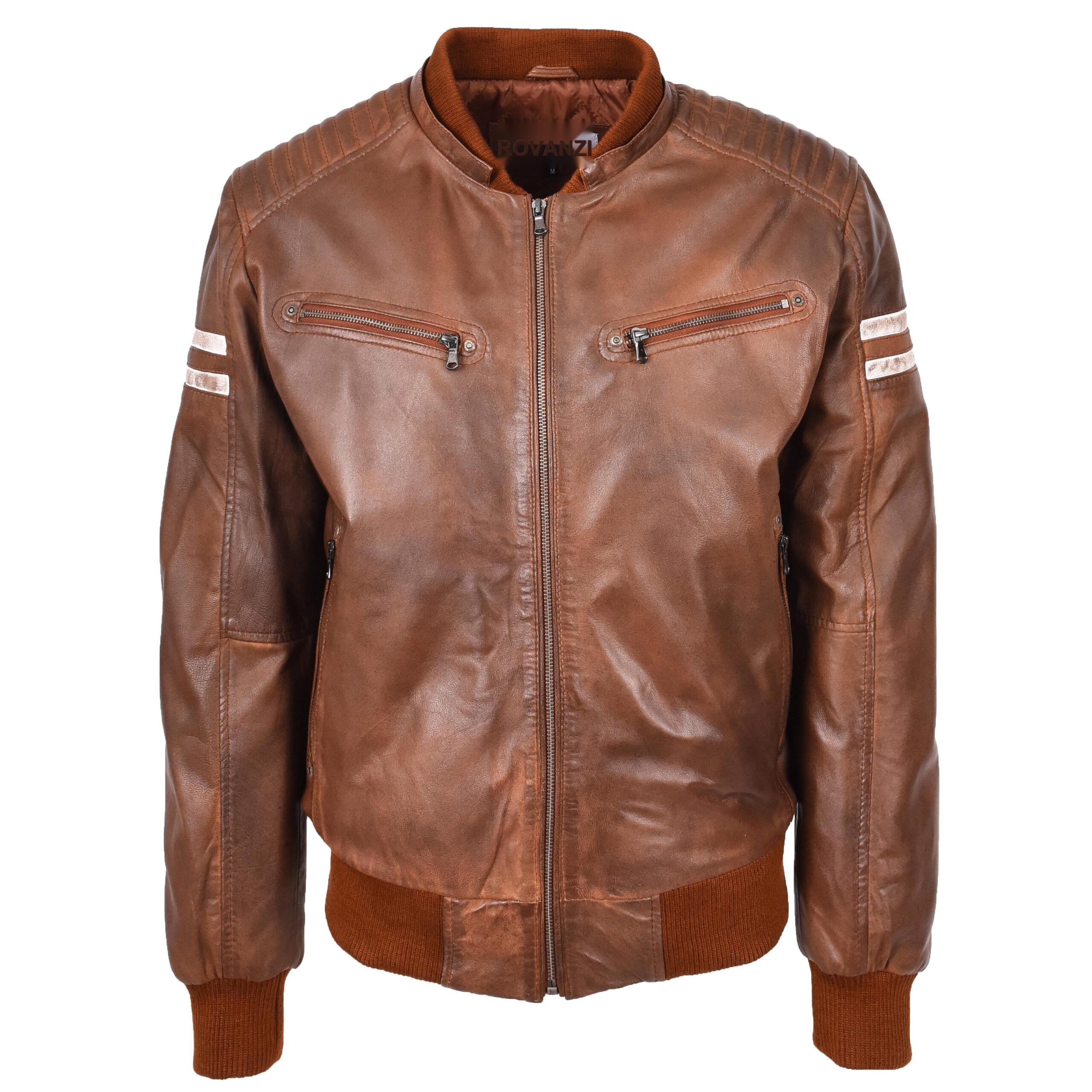 BUNERI Blouson Bomber en Cuir Véritable Cognac avec Capuche Amovible Zip pour Homme – Image 4