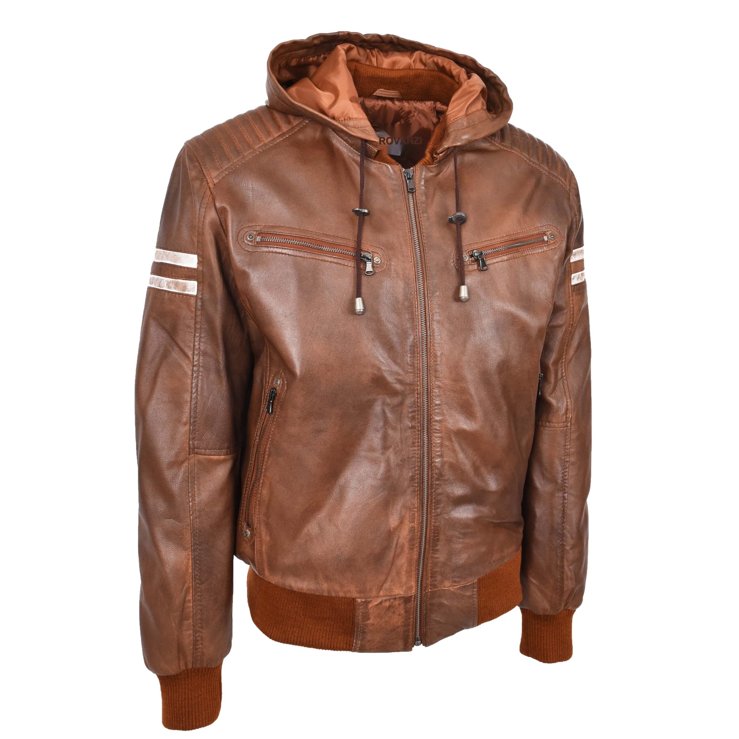 BUNERI Blouson Bomber en Cuir Véritable Cognac avec Capuche Amovible Zip pour Homme – Image 5