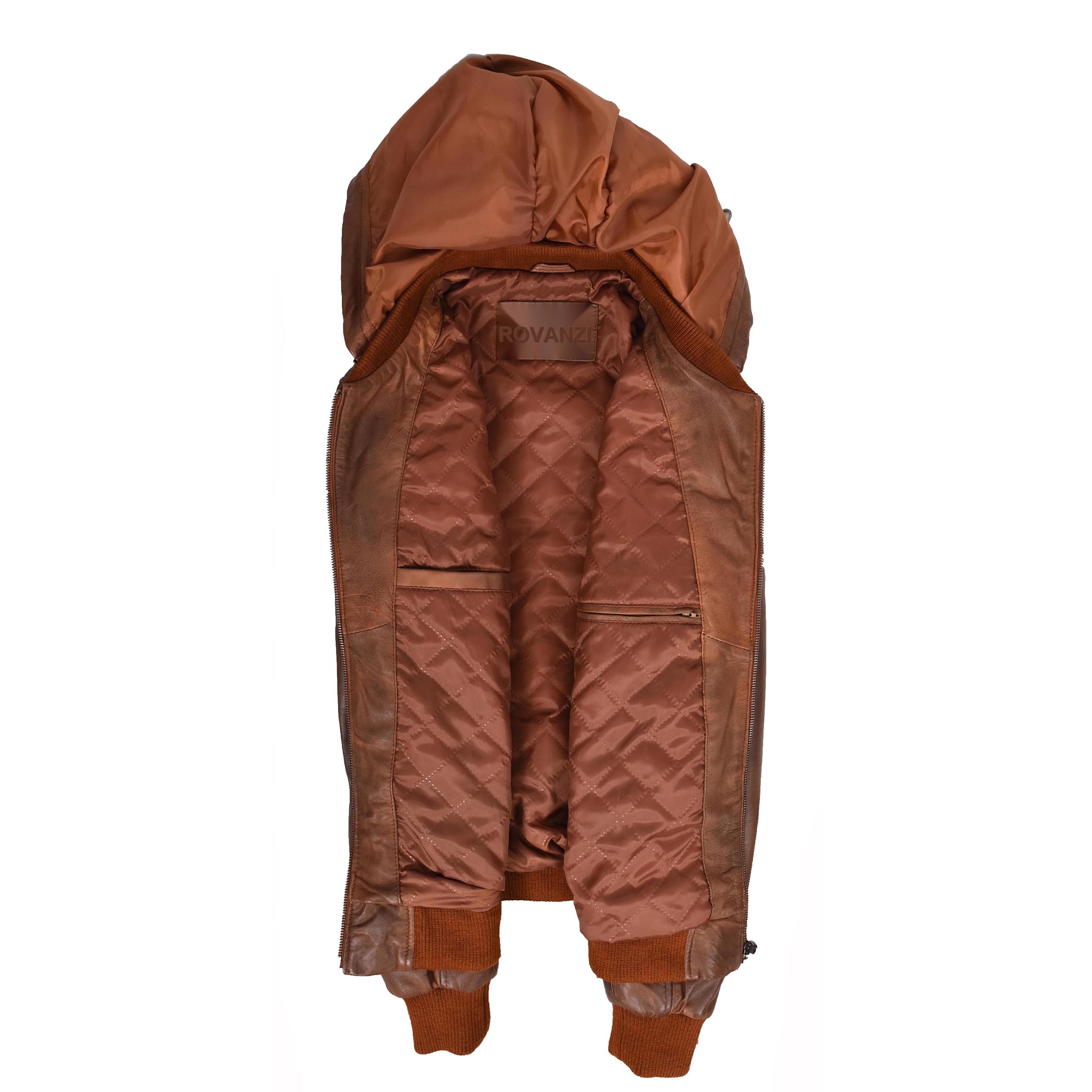 BUNERI Blouson Bomber en Cuir Véritable Cognac avec Capuche Amovible Zip pour Homme – Image 6