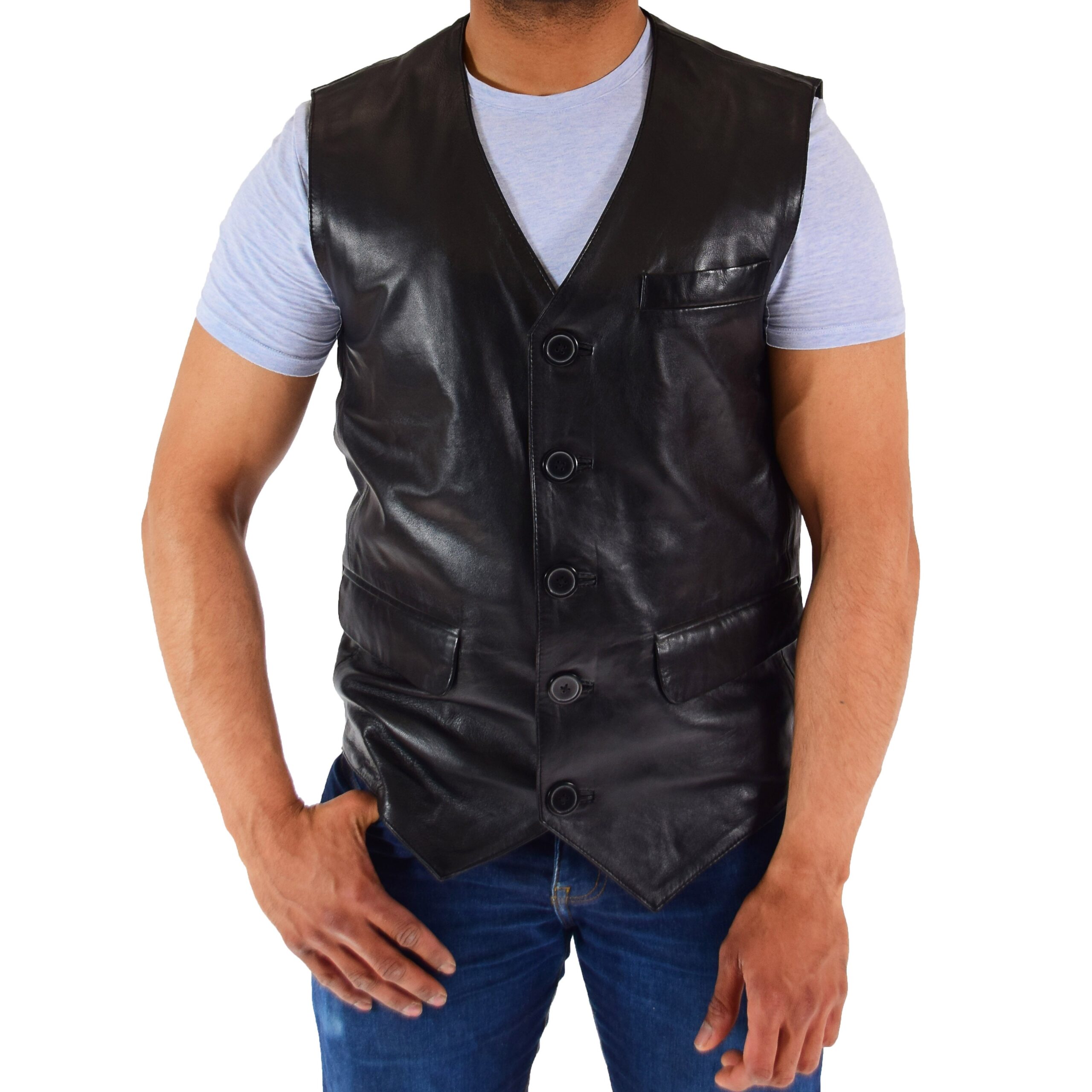 BUNERI Gilet en Cuir Véritable pour Homme Noir – Image 6