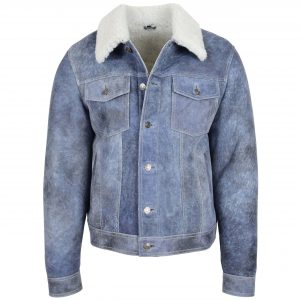 BUNERI Veste Trucker Homme Peau Mouton Veritable Bleu Denim