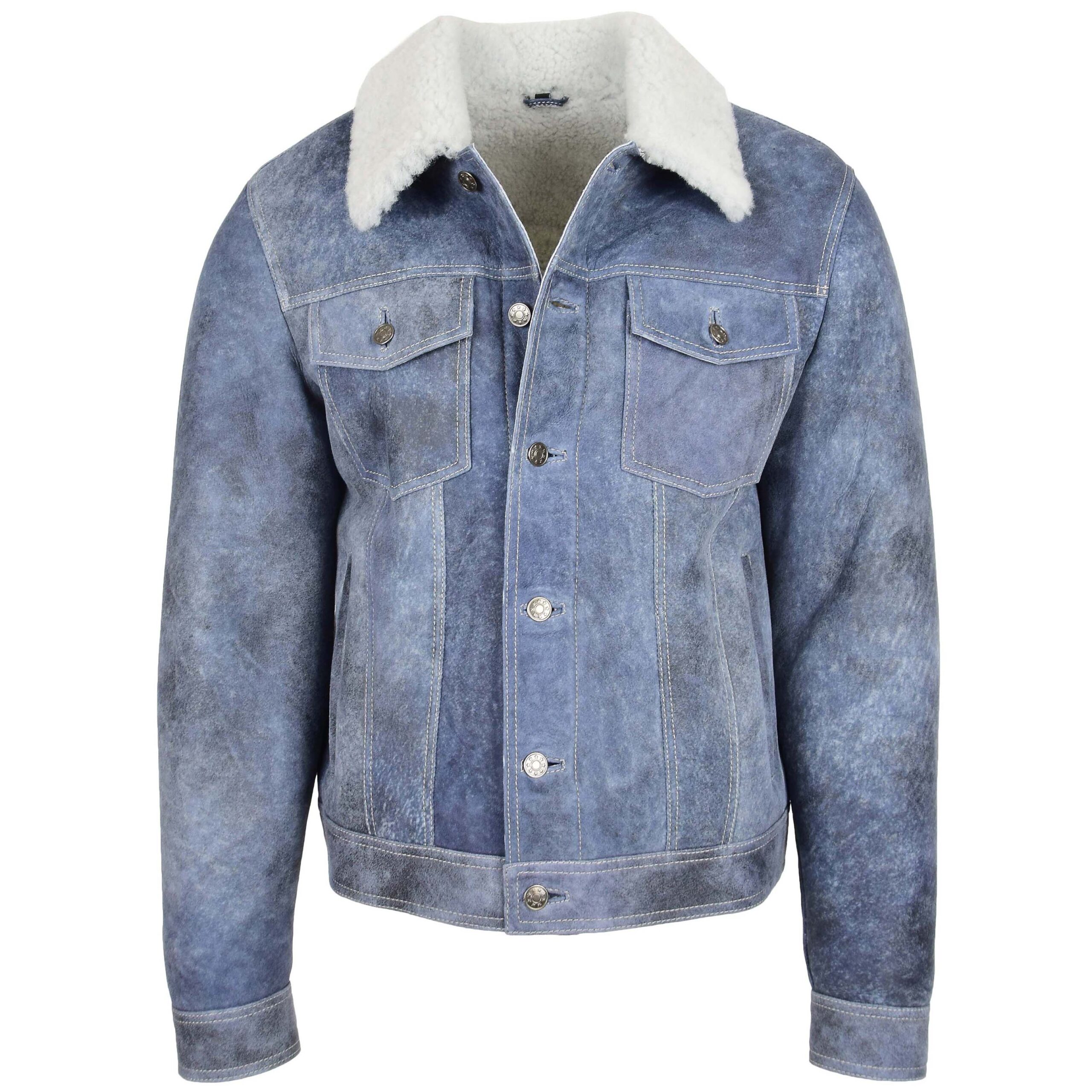 BUNERI Veste Trucker Homme Peau Mouton Veritable Bleu Denim