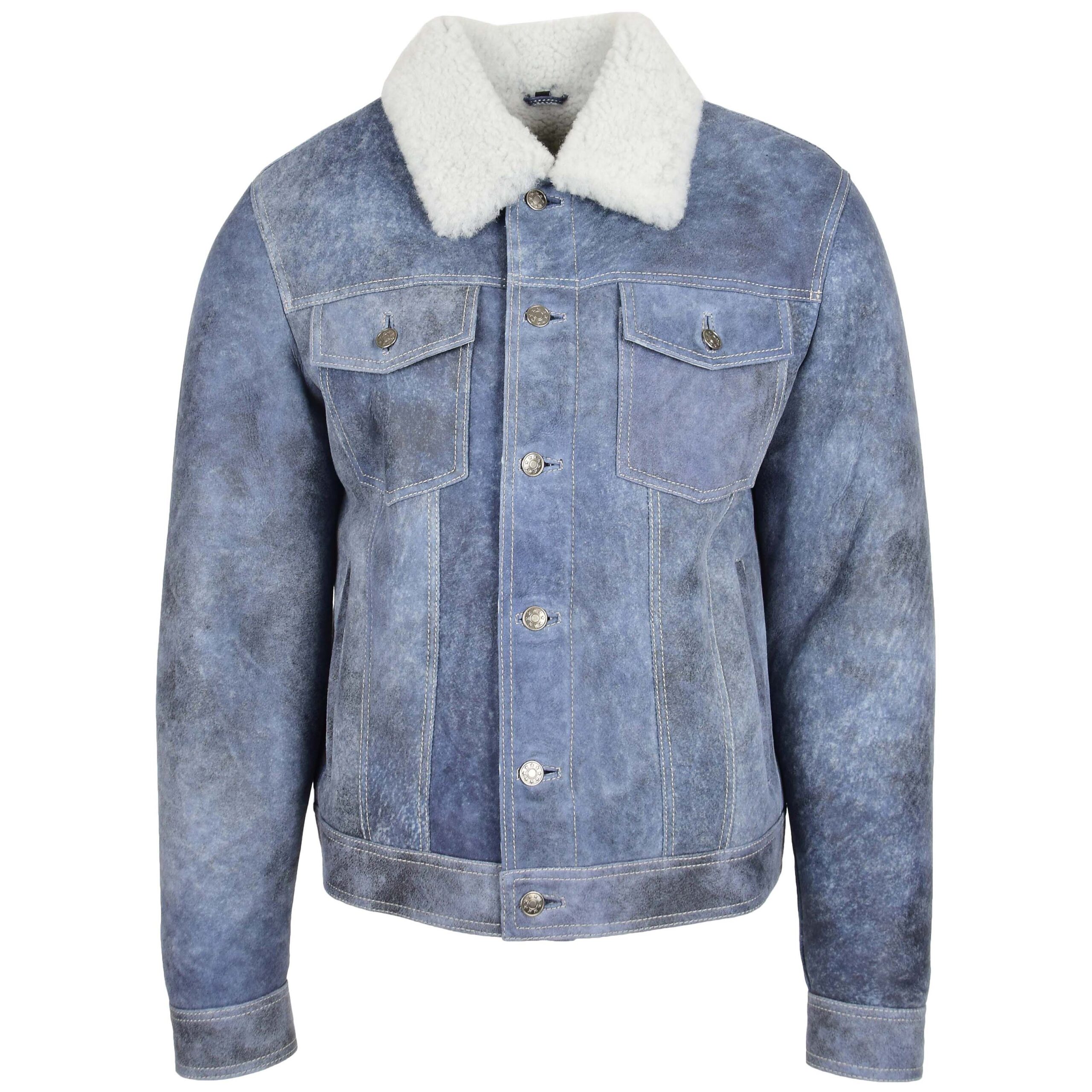 BUNERI Veste Trucker Homme Peau Mouton Veritable Bleu Denim – Image 3