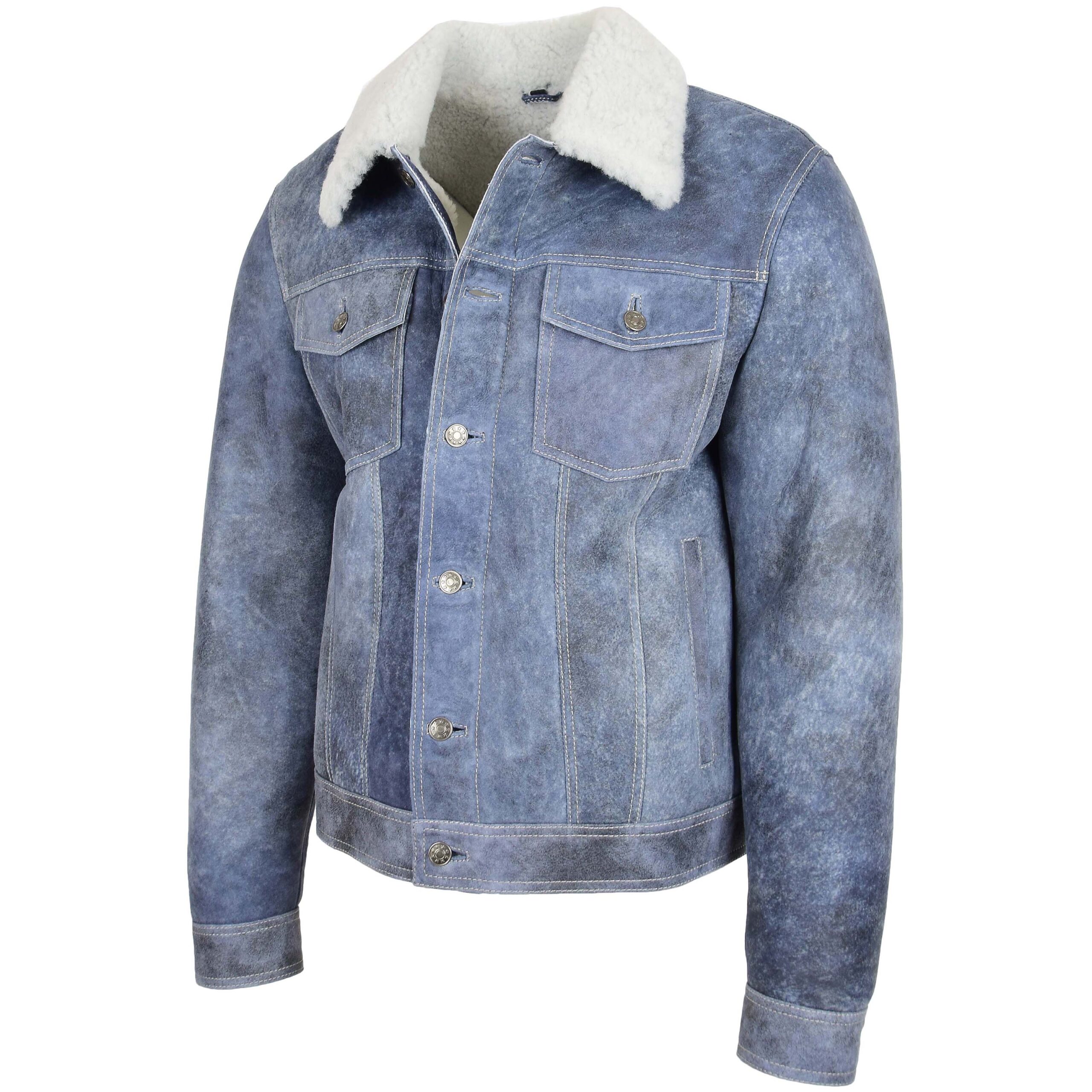 BUNERI Veste Trucker Homme Peau Mouton Veritable Bleu Denim – Image 4