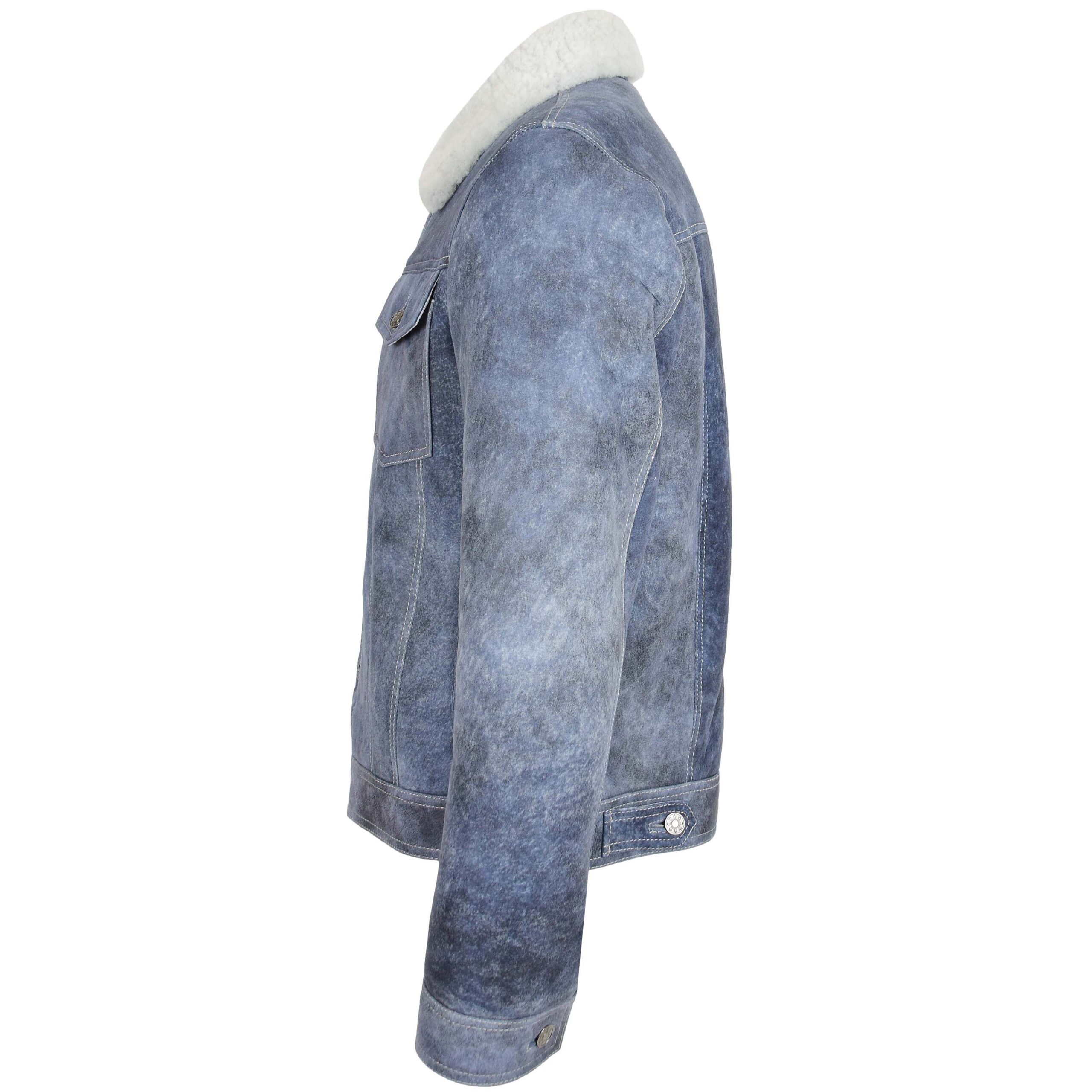 BUNERI Veste Trucker Homme Peau Mouton Veritable Bleu Denim – Image 5