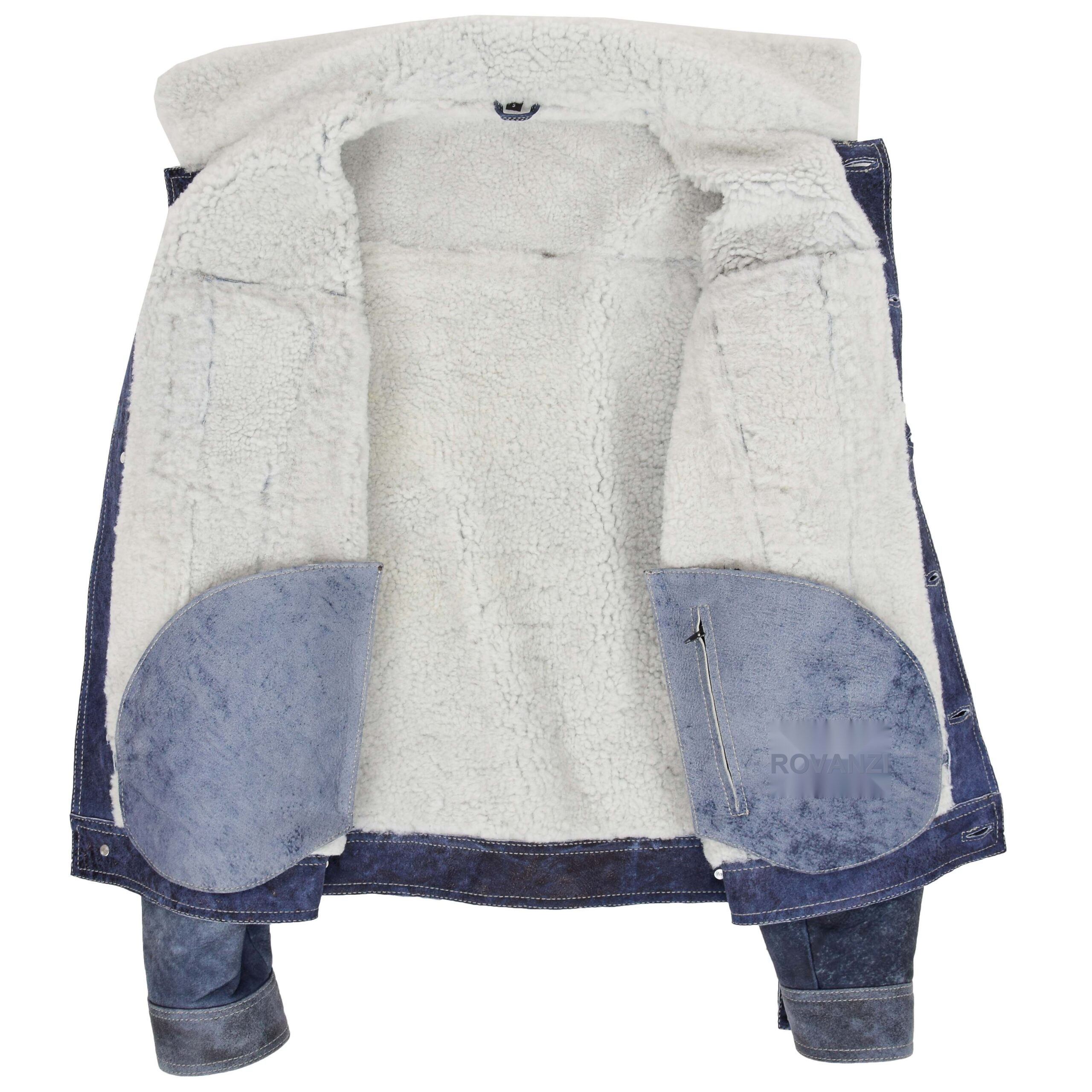 BUNERI Veste Trucker Homme Peau Mouton Veritable Bleu Denim – Image 6