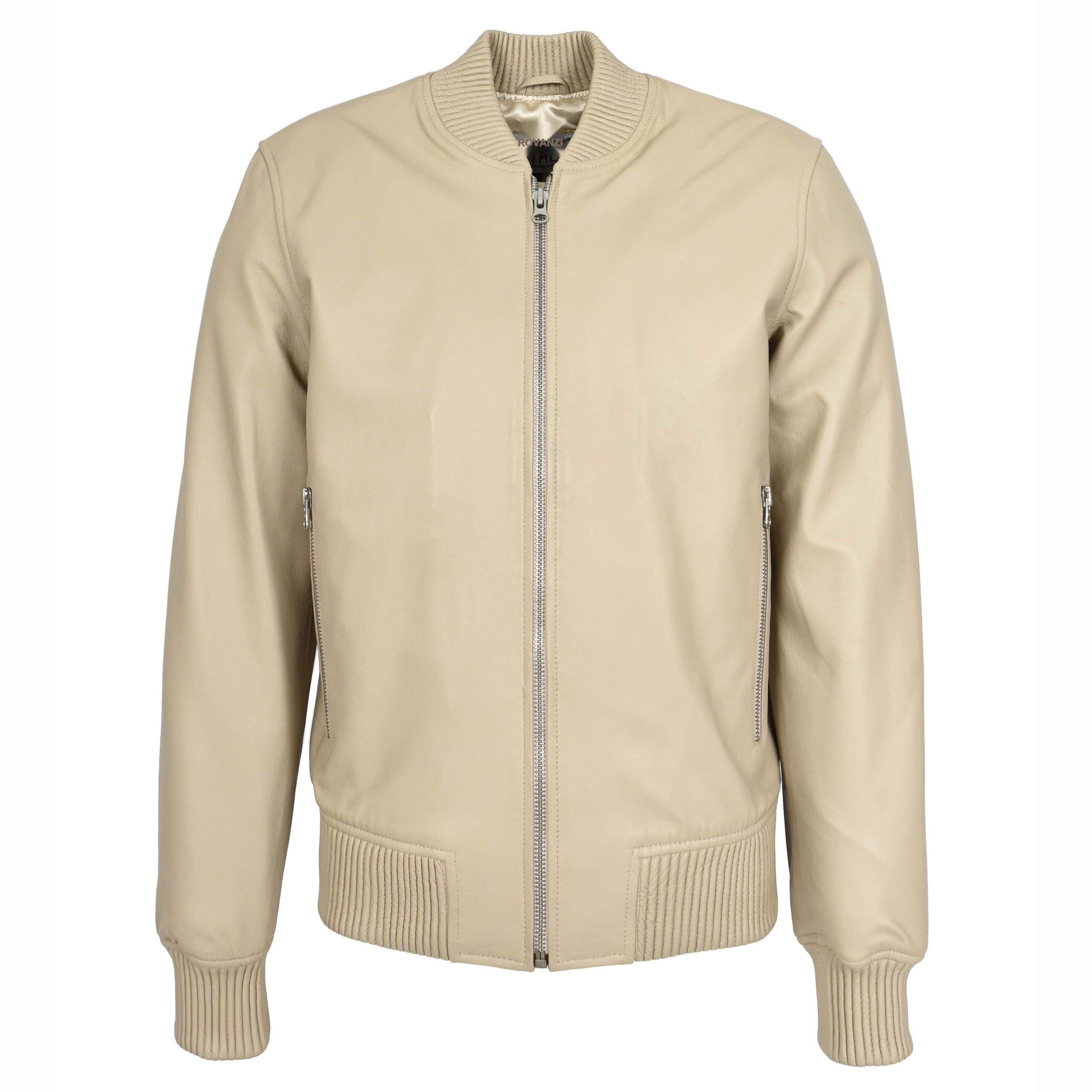 BUNERI Veste Homme Vrai Cuir Souple Bomber MA-1 Style Varsity Beige