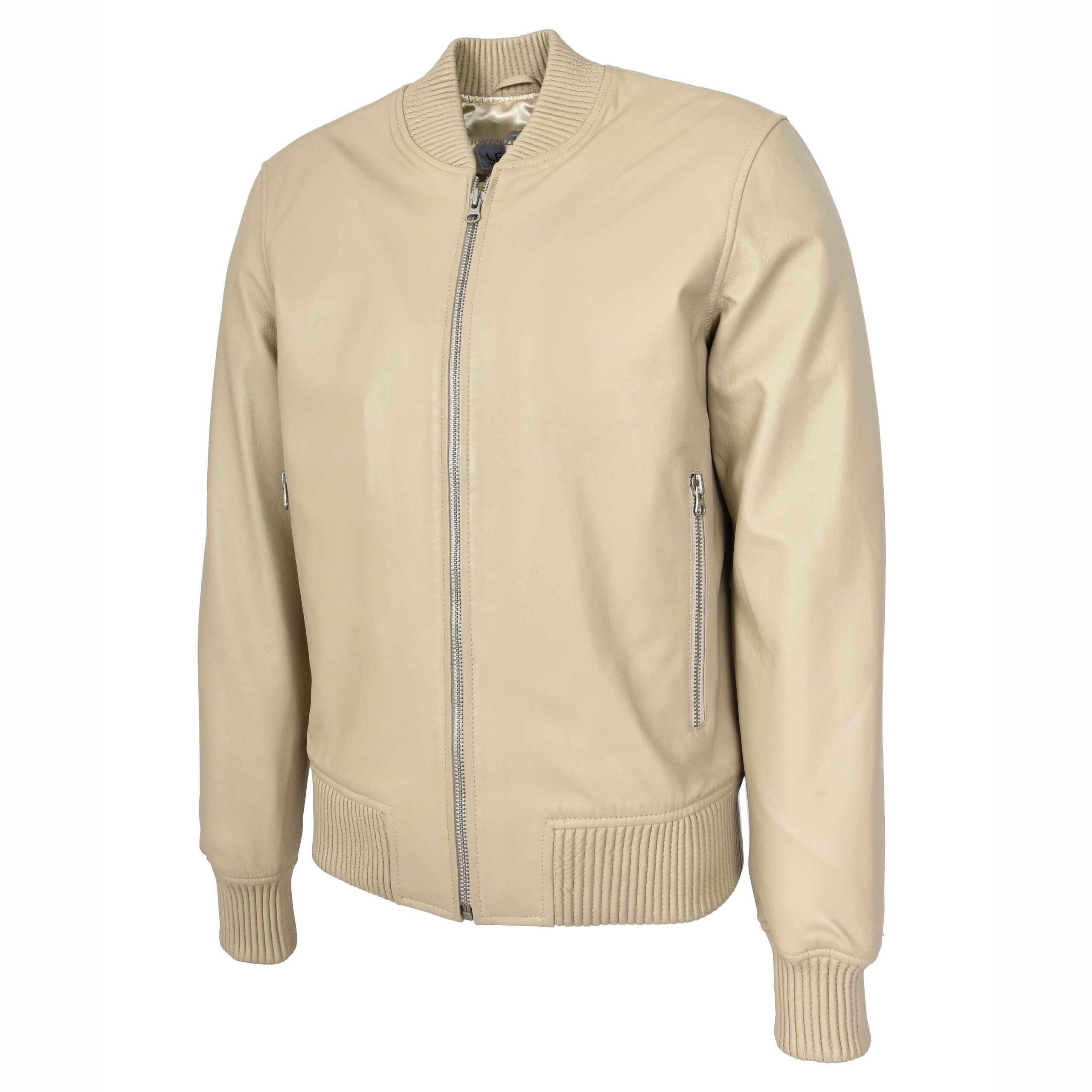 BUNERI Veste Homme Vrai Cuir Souple Bomber MA-1 Style Varsity Beige – Image 4