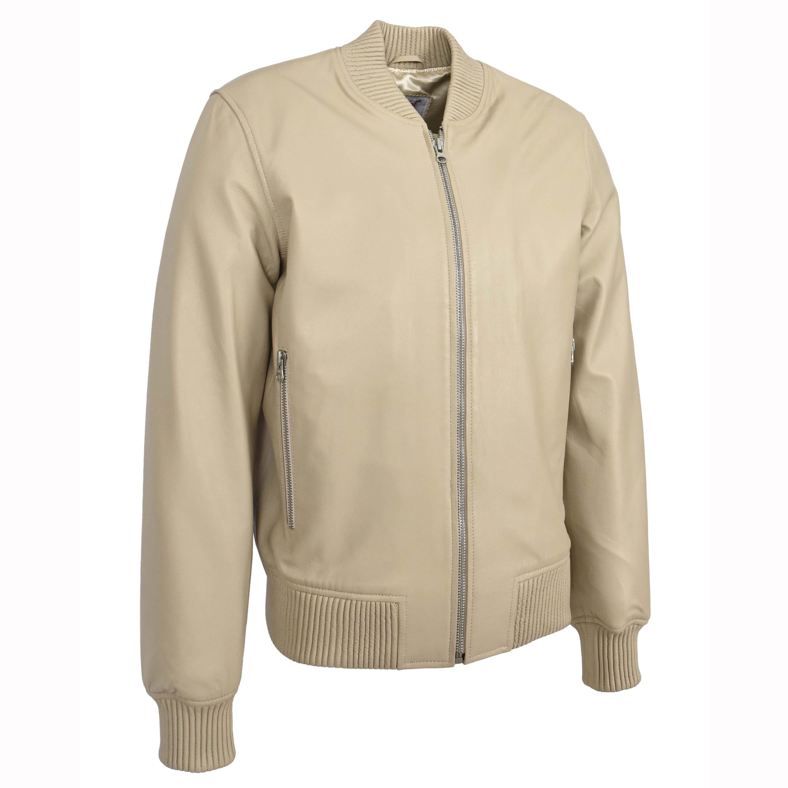 BUNERI Veste Homme Vrai Cuir Souple Bomber MA-1 Style Varsity Beige – Image 5