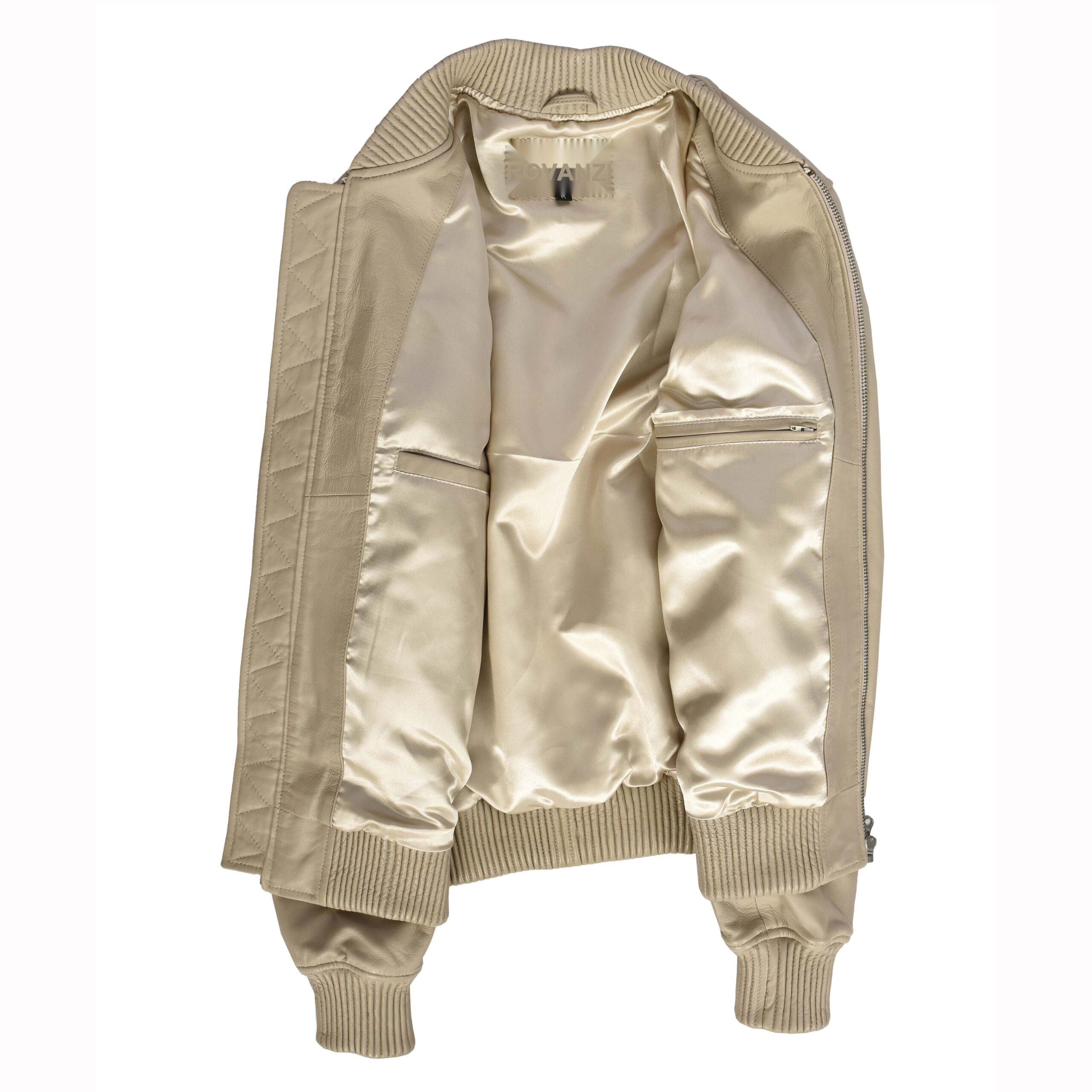 BUNERI Veste Homme Vrai Cuir Souple Bomber MA-1 Style Varsity Beige – Image 6