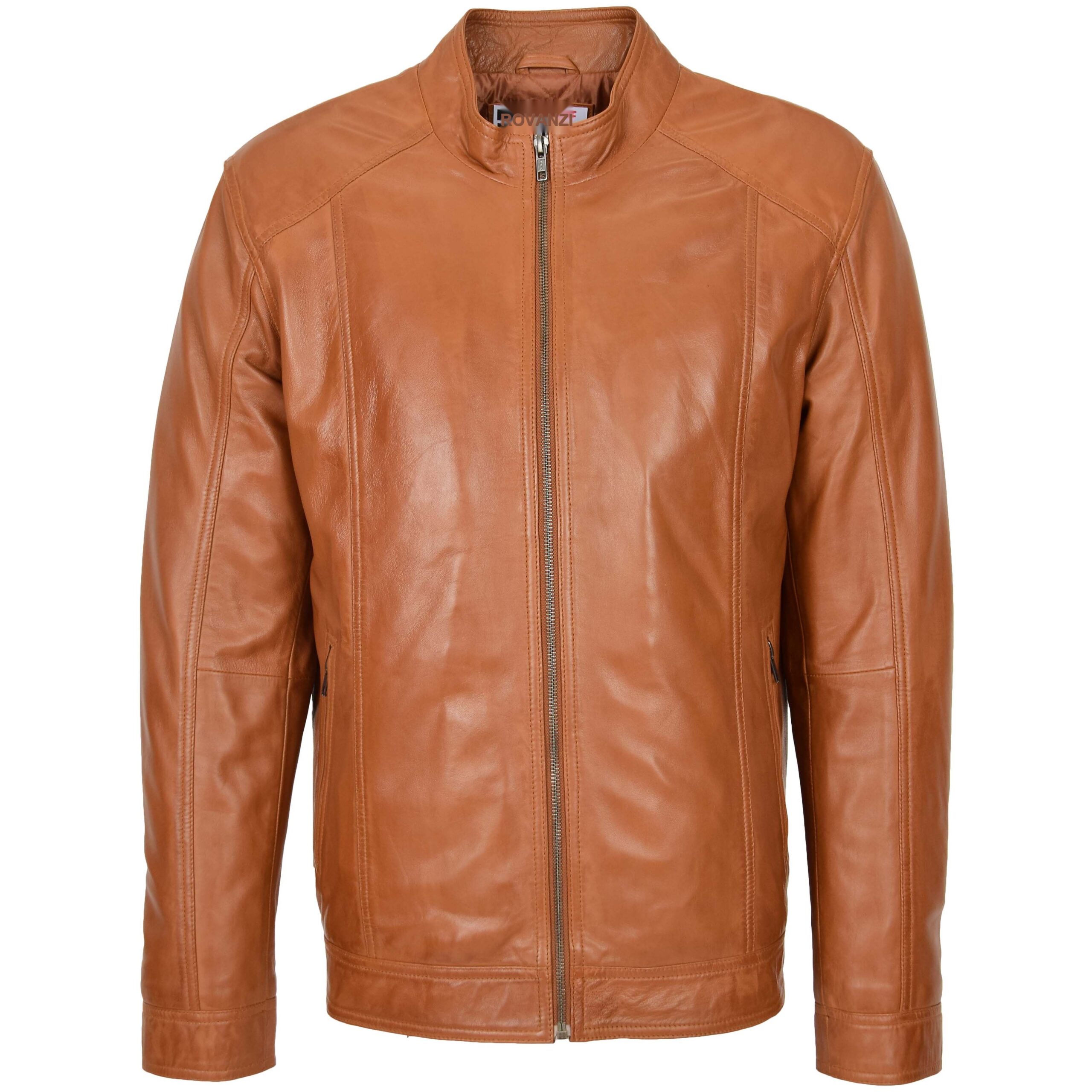 BUNERI Veste en Cuir Souple Casual Zip Simple pour Homme Tan – Image 3