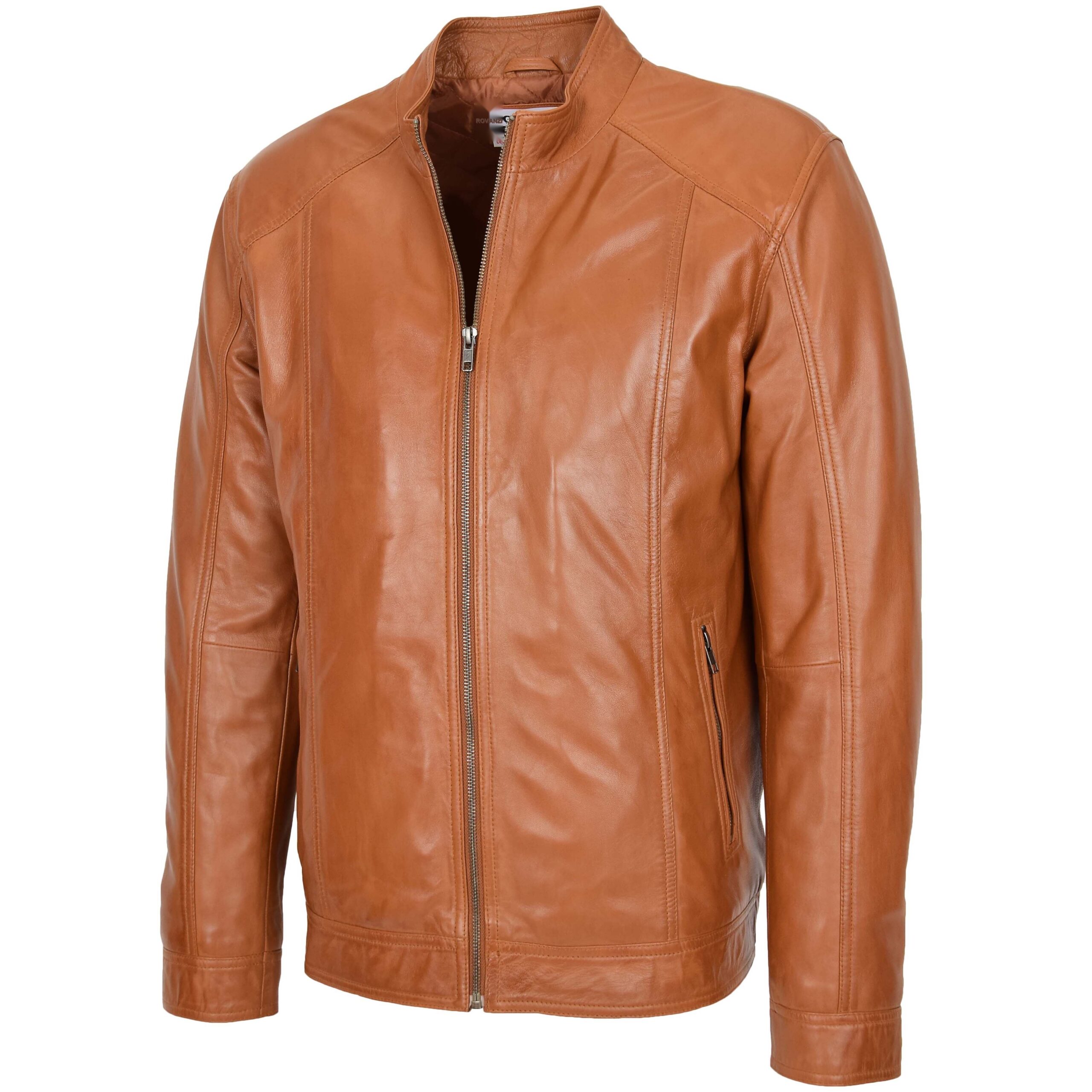 BUNERI Veste en Cuir Souple Casual Zip Simple pour Homme Tan – Image 4