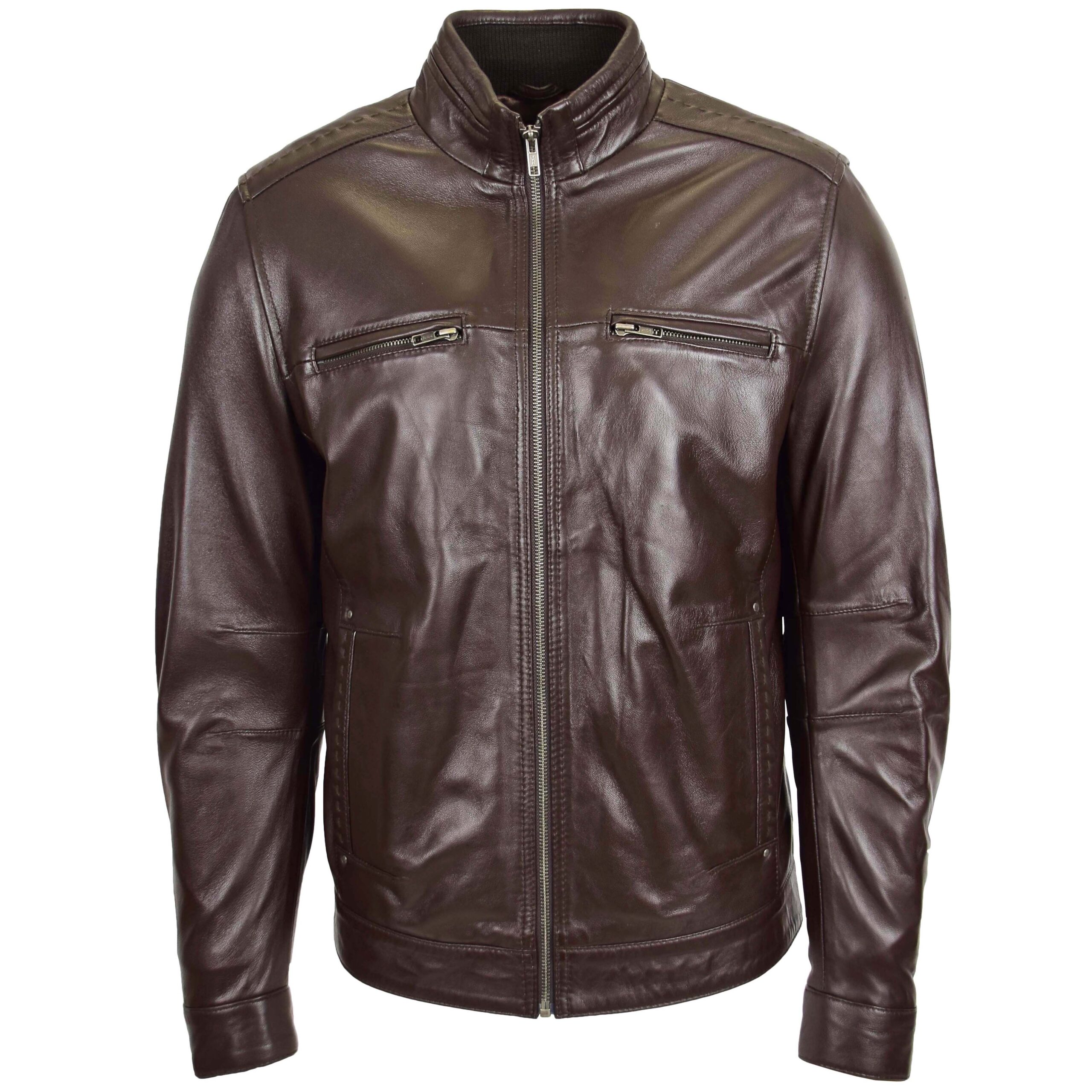BUNERI Veste Homme Cuir Col Montant Marron II