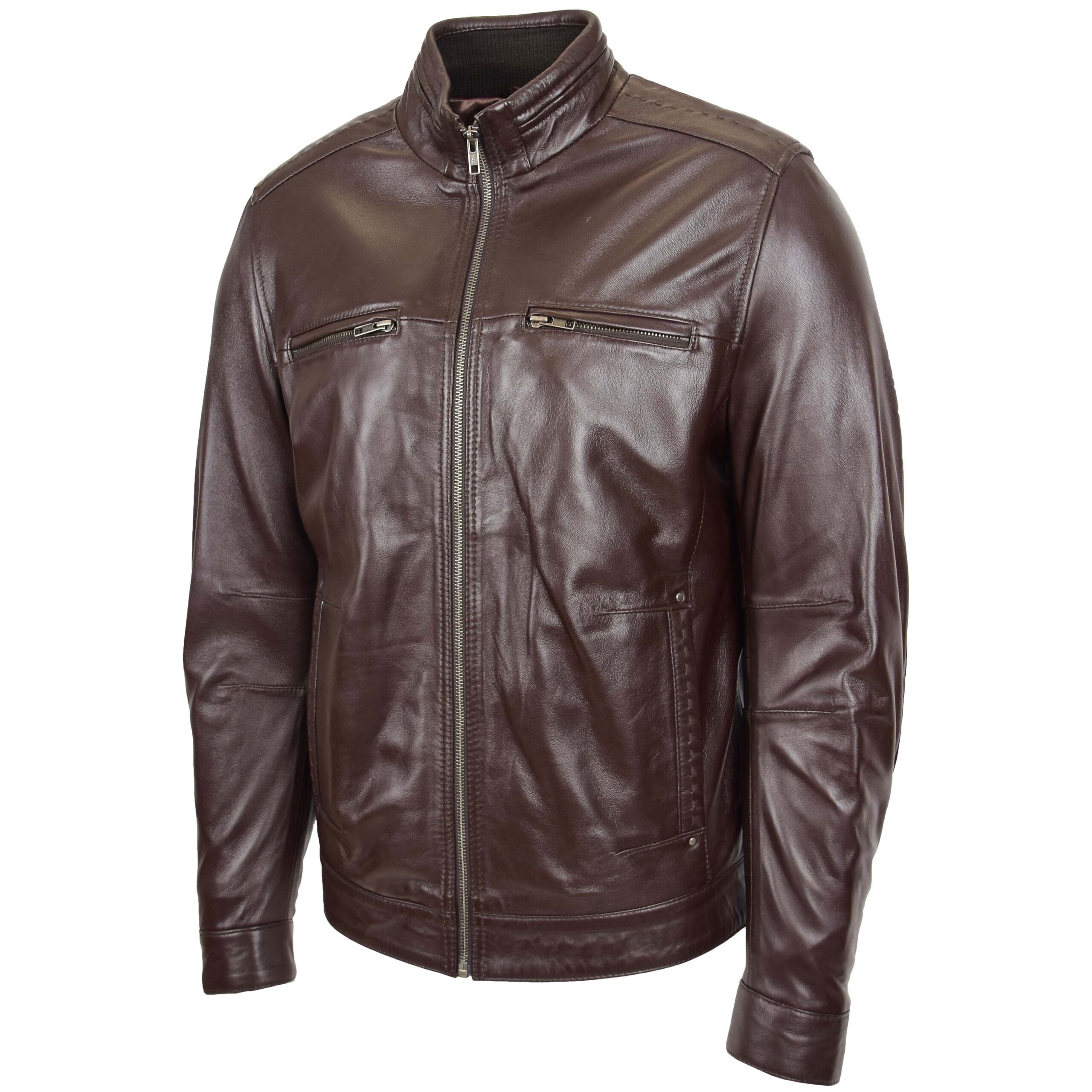 BUNERI Veste Homme Cuir Col Montant Marron II – Image 4