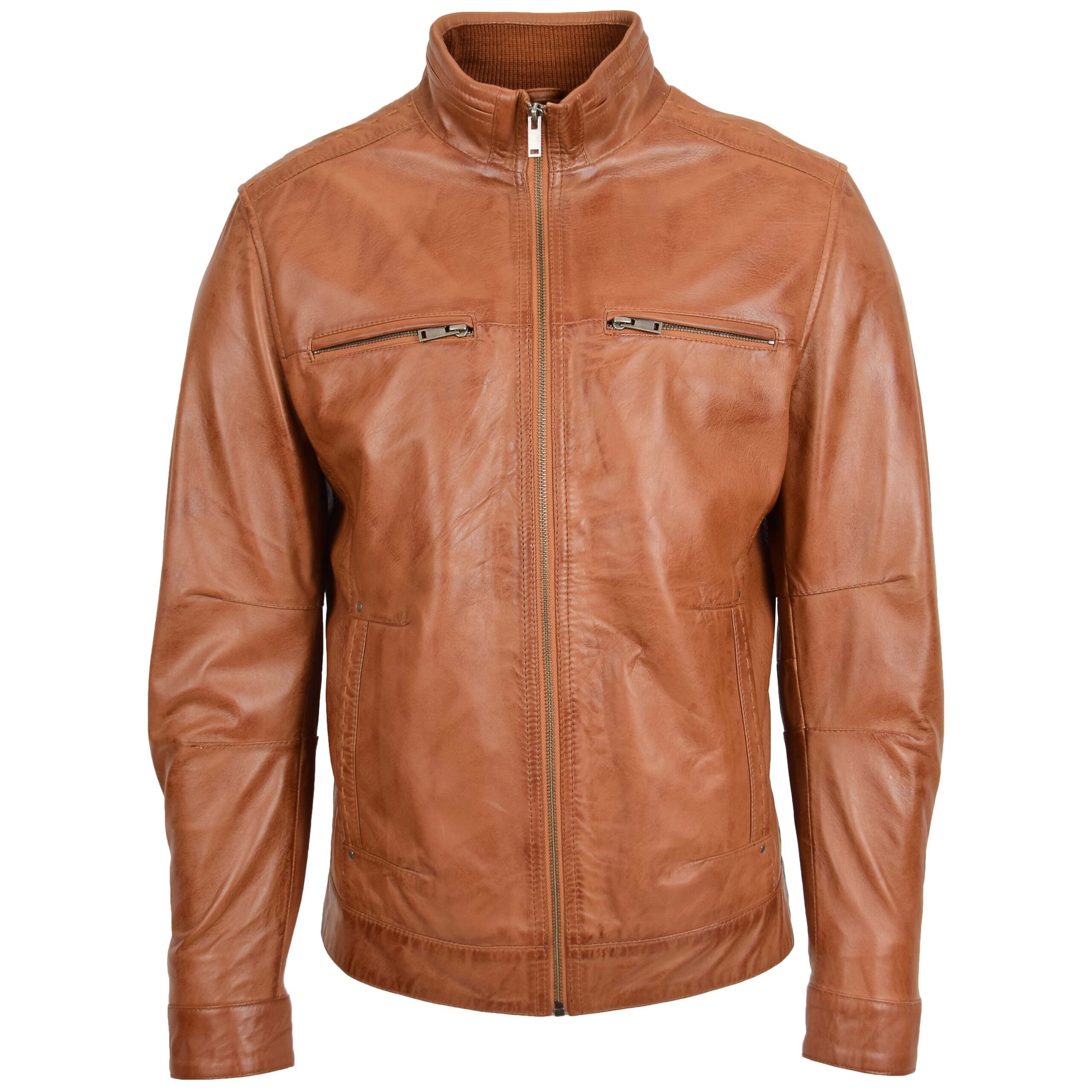 BUNERI Veste en Cuir Col Montant pour Homme Tan – Image 3