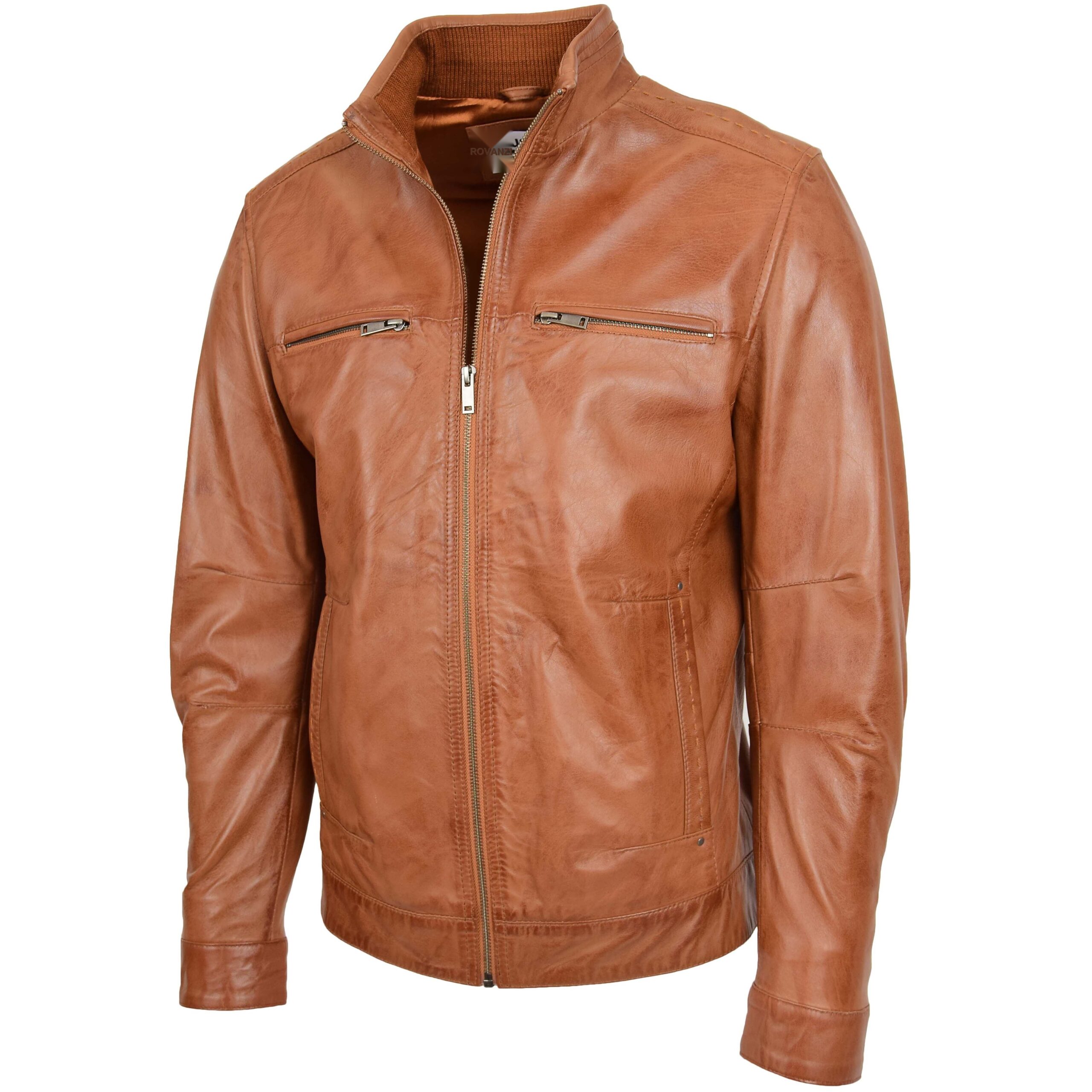 BUNERI Veste en Cuir Col Montant pour Homme Tan – Image 4
