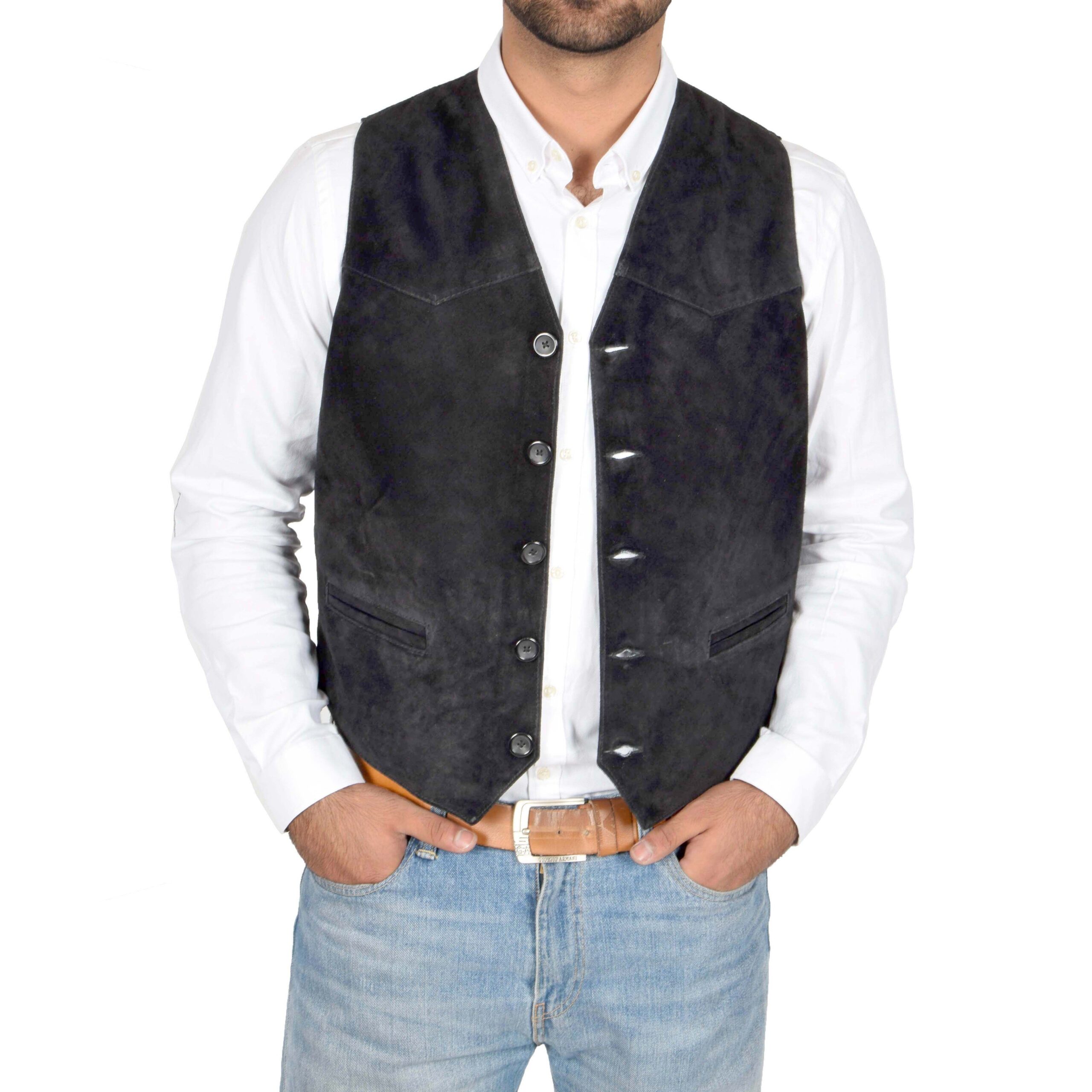 BUNERI Gilet en Daim pour Homme à Boutons Noir – Image 3