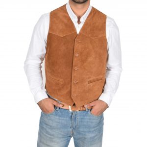 BUNERI Gilet en Daim Tan pour Homme à Boutonnage