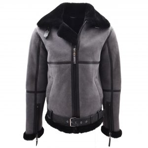 BUNERI Veste de Vol RAF Originale Homme Peau de Mouton Gris Noir Shearling