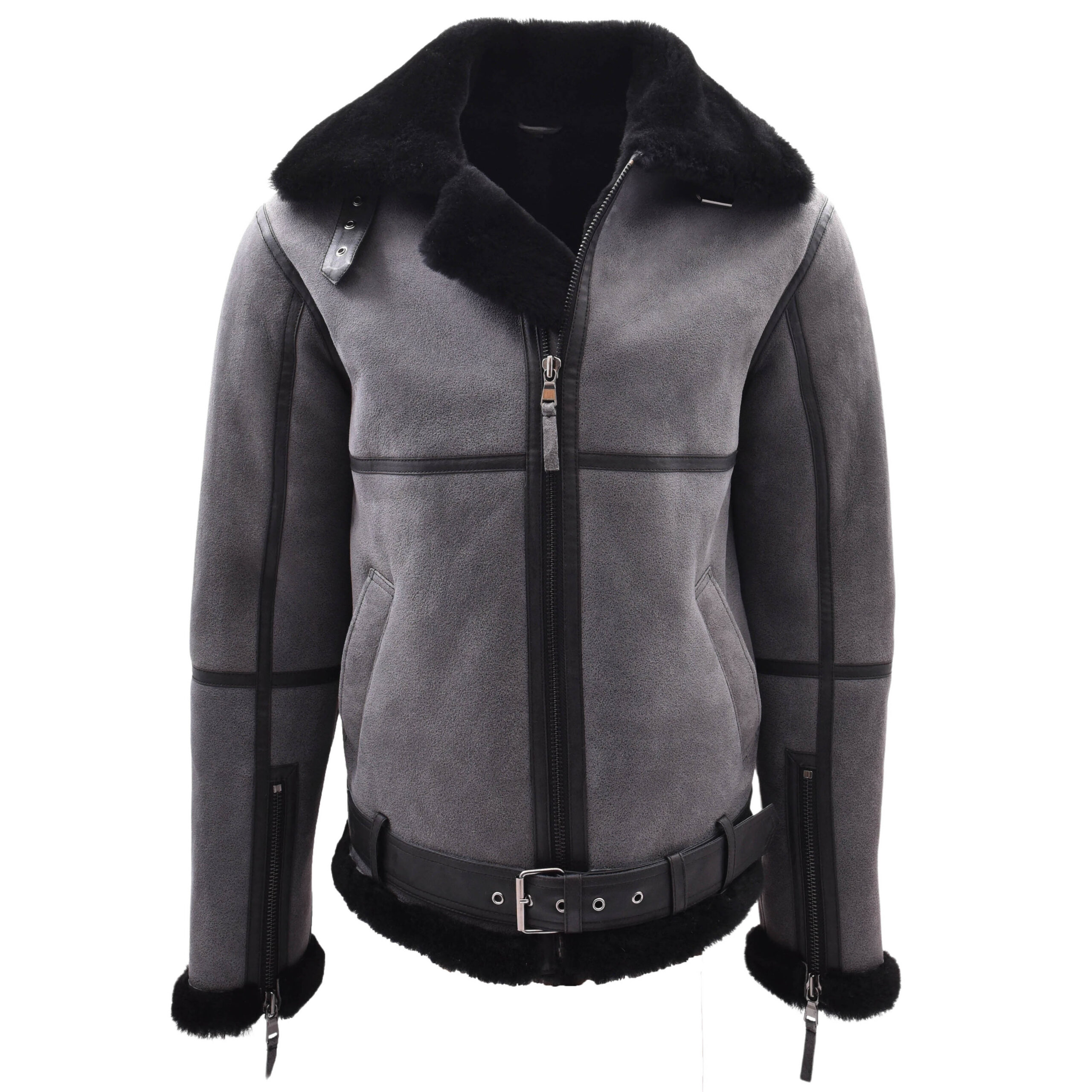 BUNERI Veste de Vol RAF Originale Homme Peau de Mouton Gris Noir Shearling
