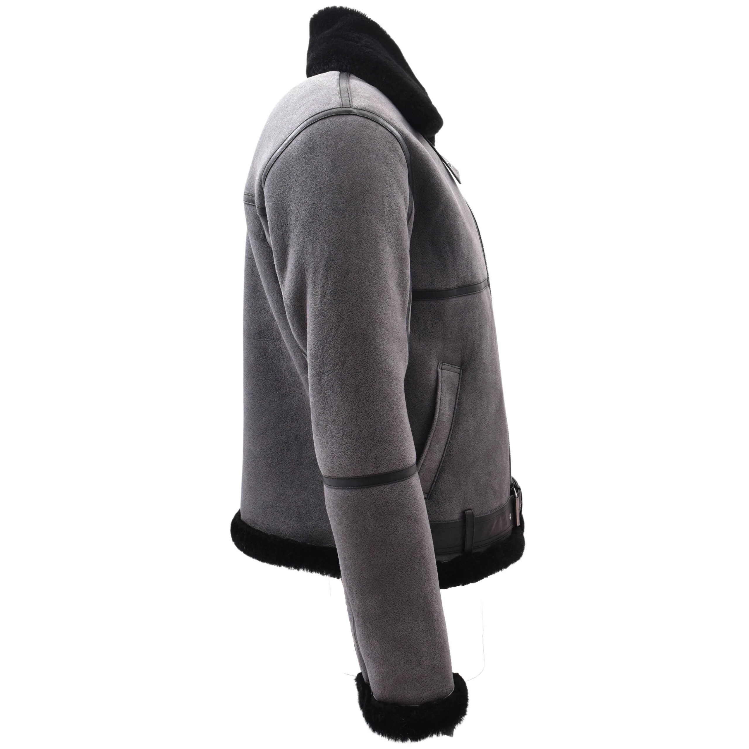 BUNERI Veste de Vol RAF Originale Homme Peau de Mouton Gris Noir Shearling – Image 3