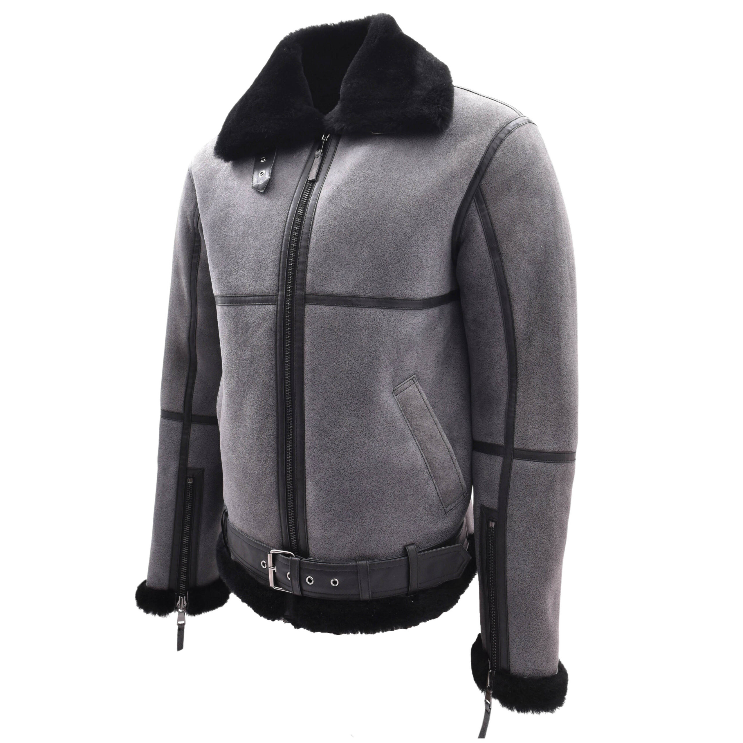 BUNERI Veste de Vol RAF Originale Homme Peau de Mouton Gris Noir Shearling – Image 5