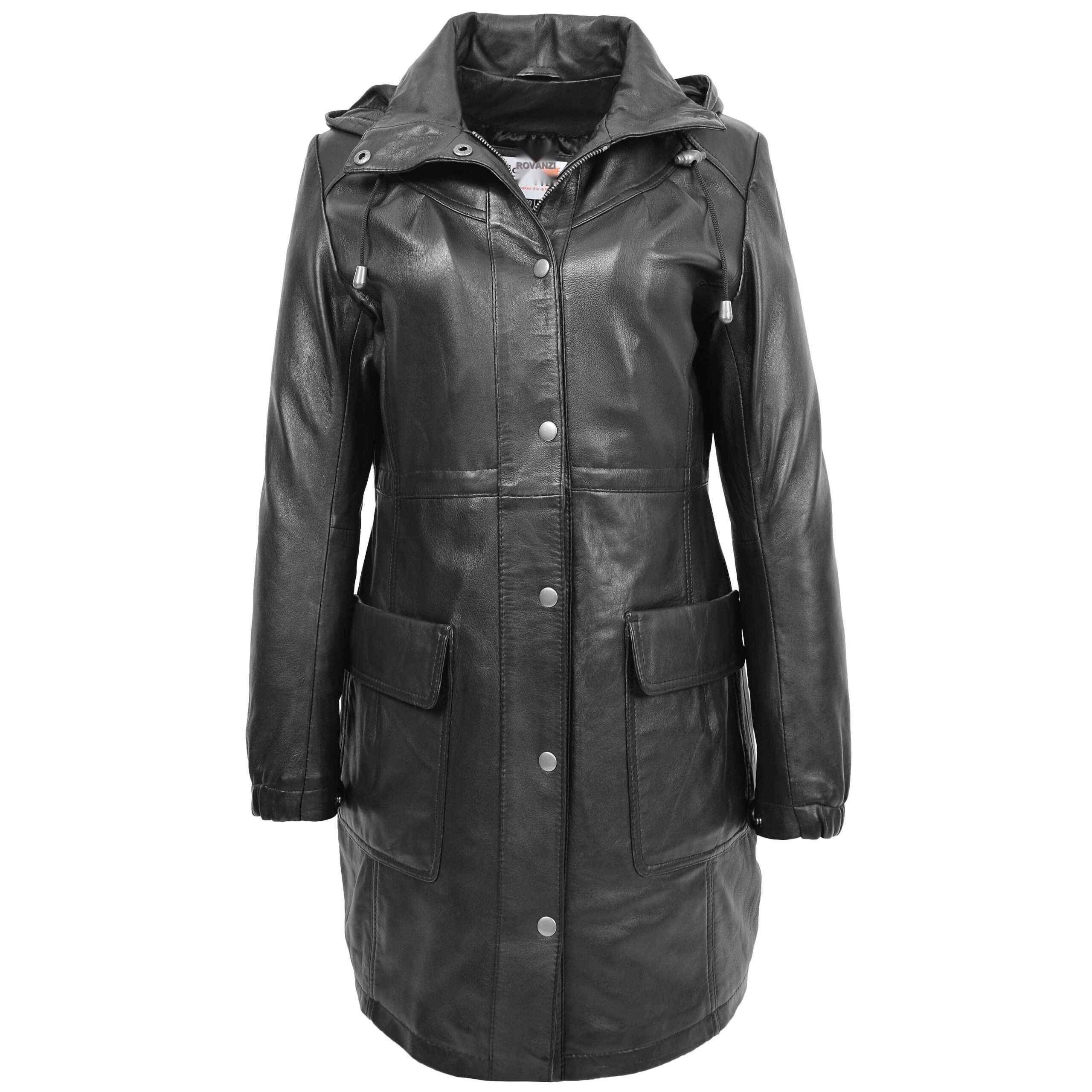 BUNERI Manteau Duffle en Cuir Noir Longueur 3/4 pour Femme