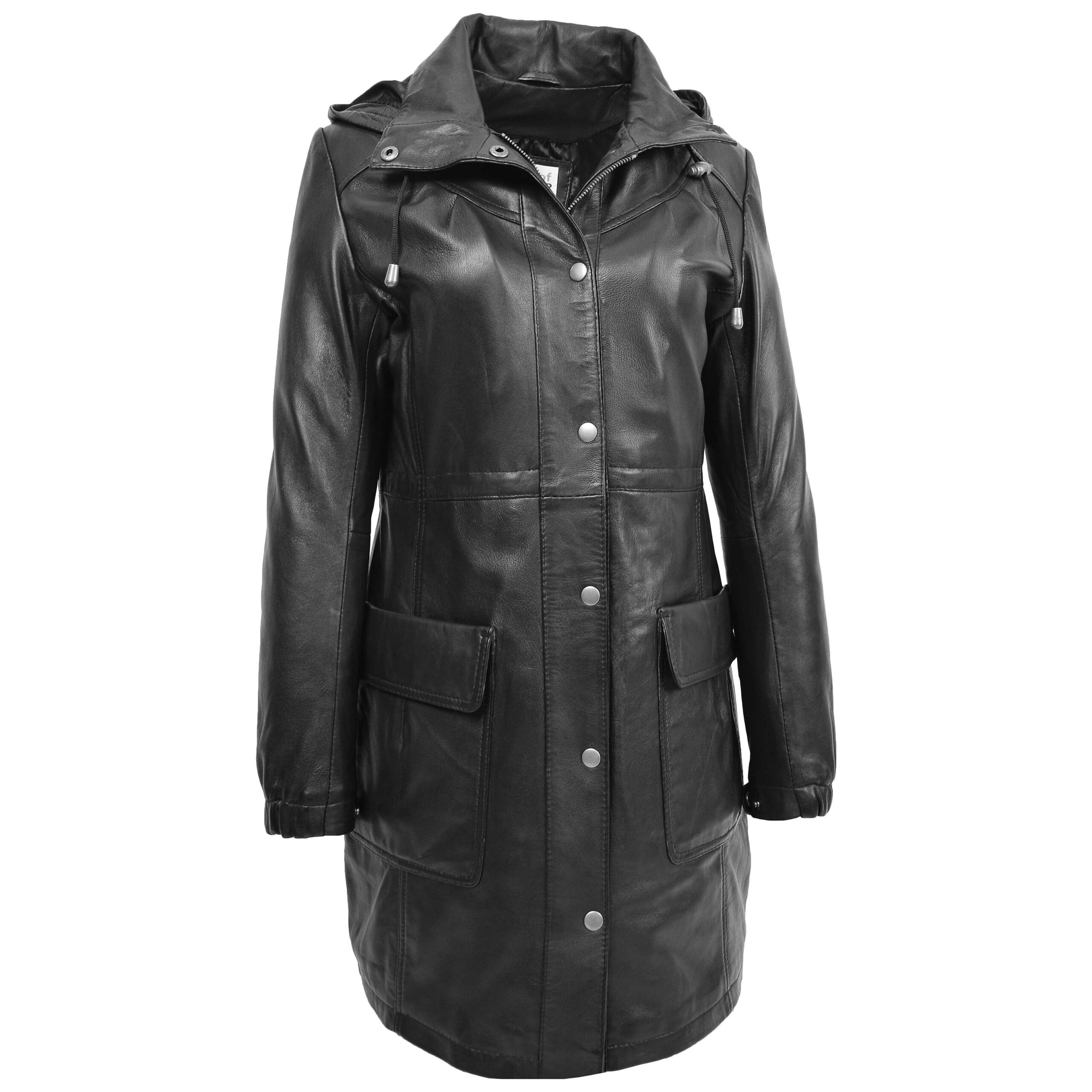 BUNERI Manteau Duffle en Cuir Noir Longueur 3/4 pour Femme – Image 3
