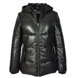 BUNERI Doudoune en Cuir pour Femme Noir avec Capuche Amovible