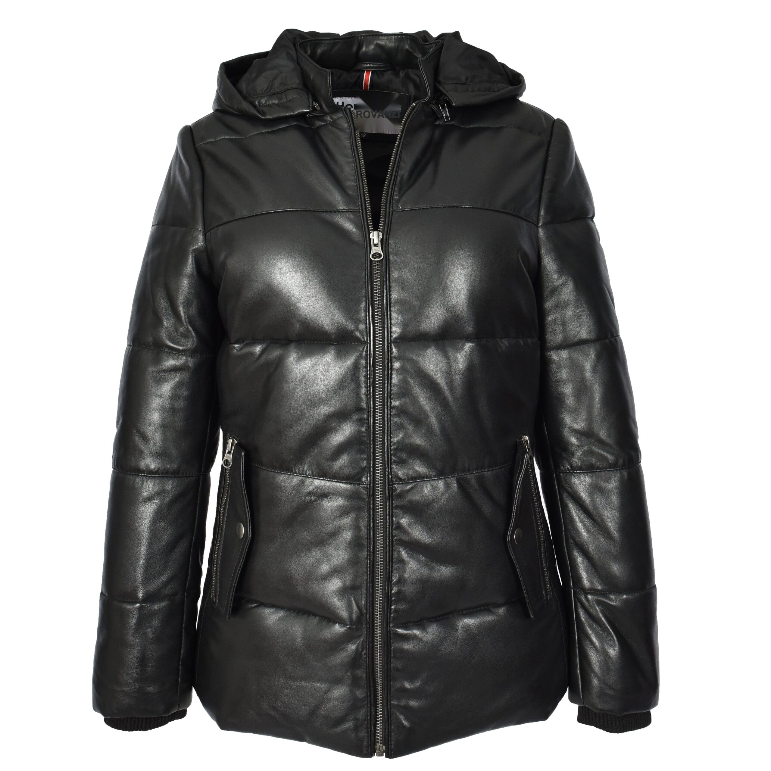 BUNERI Doudoune en Cuir pour Femme Noir avec Capuche Amovible