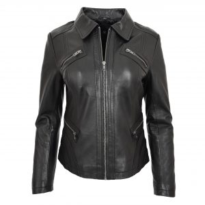 BUNERI Veste Femme Cuir Biker Zip Box Classique Noire
