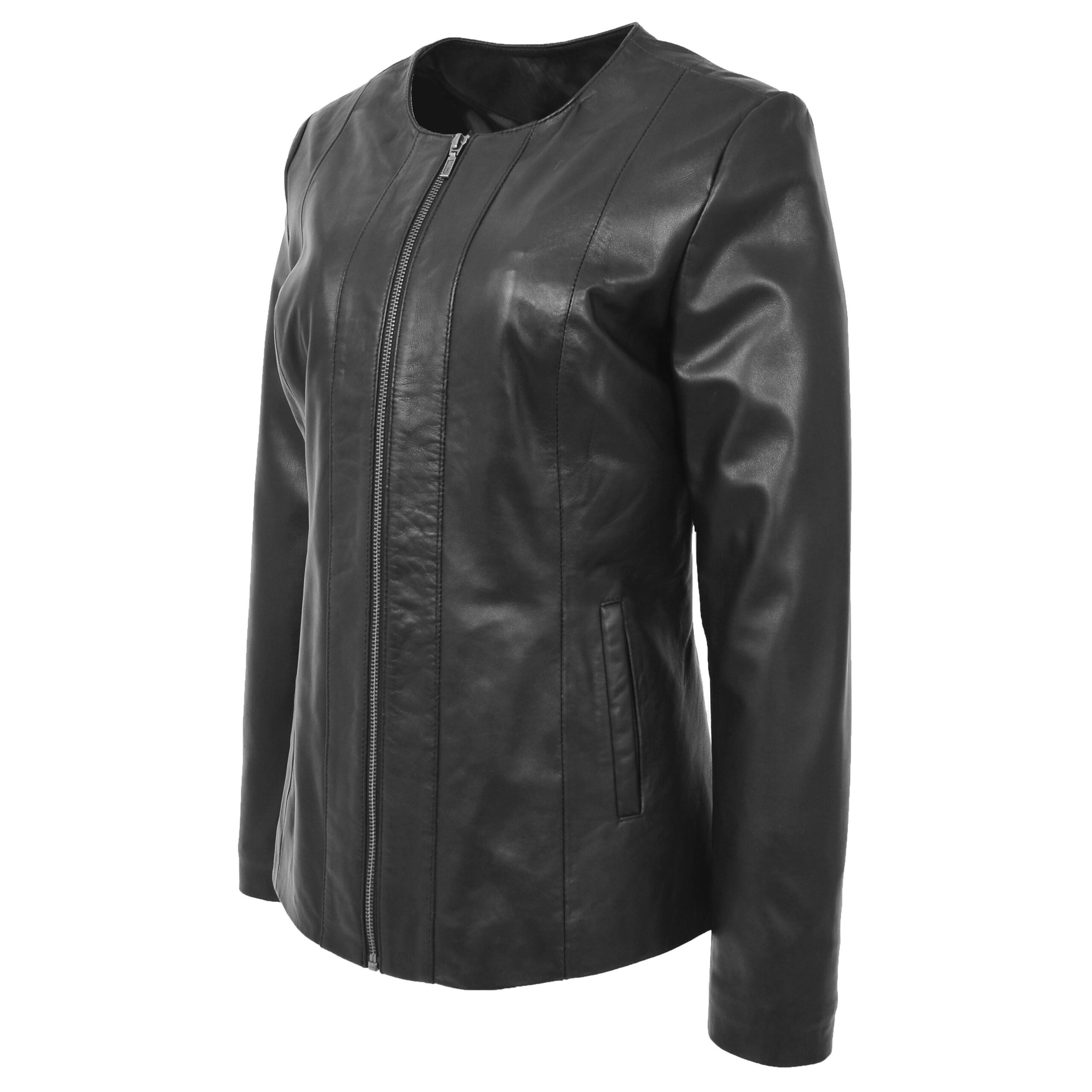 BUNERI Cuir Souple Jade Noire Classique sans Col – Image 3