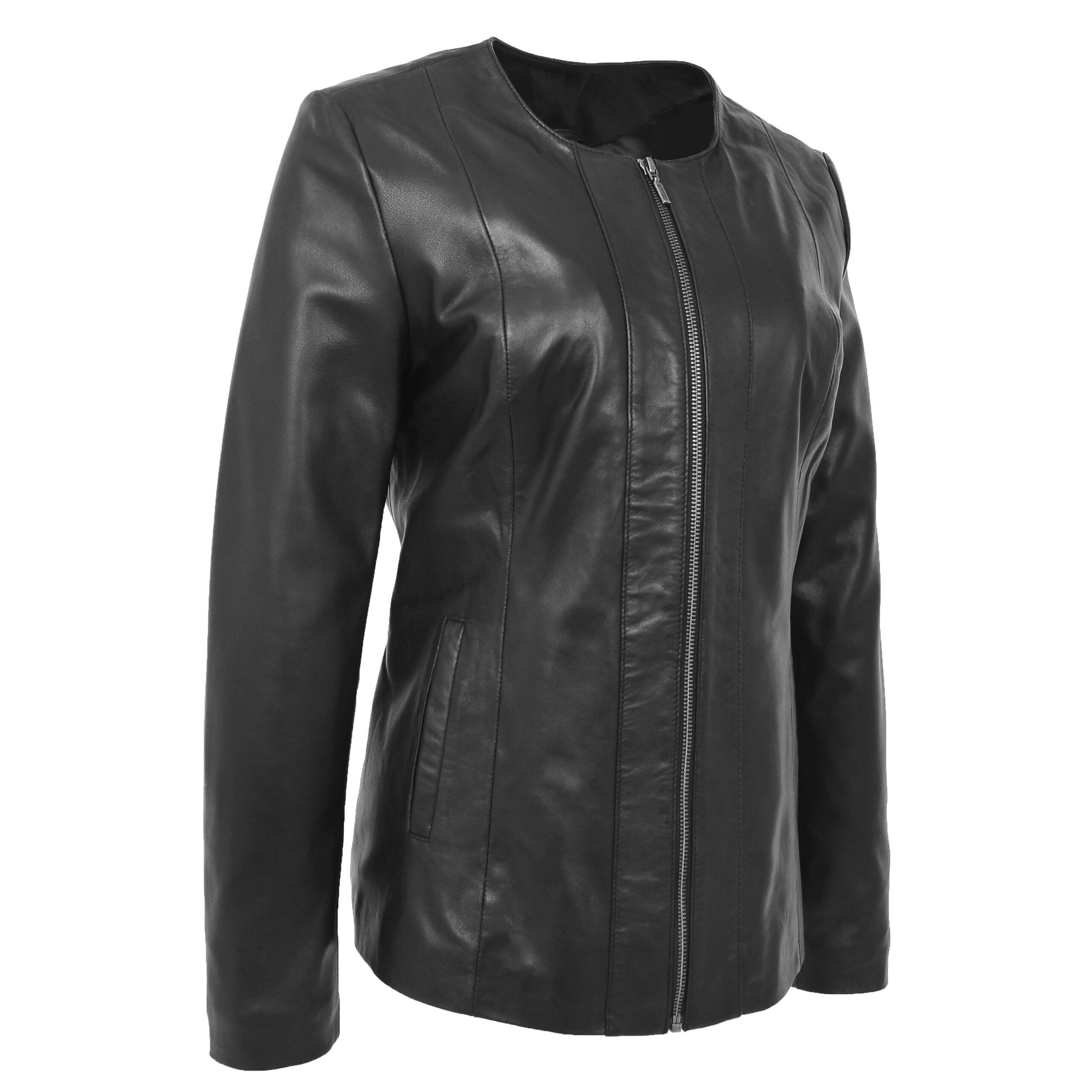 BUNERI Cuir Souple Jade Noire Classique sans Col – Image 4