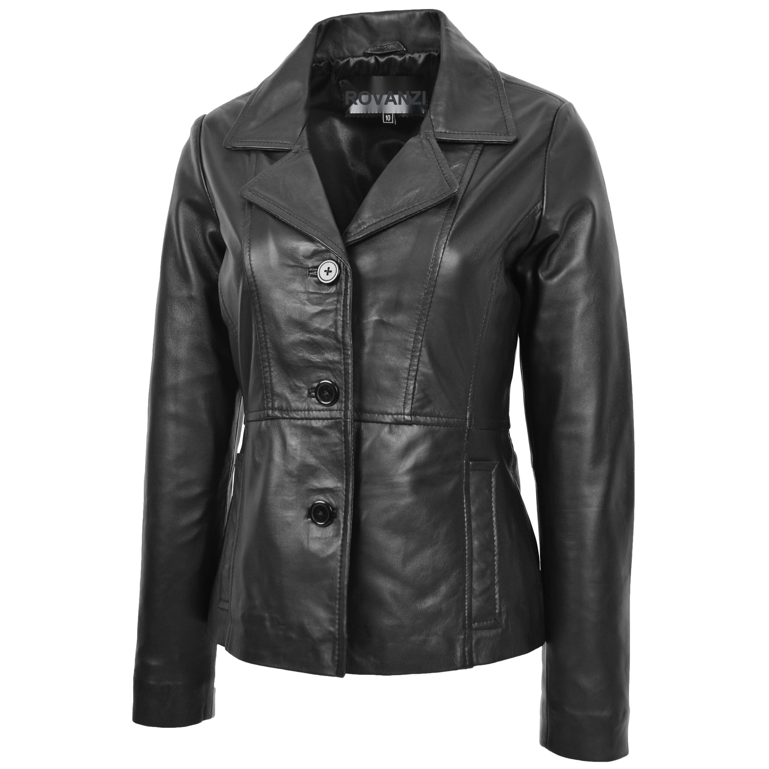 BUNERI Veste Femme Cuir Blazer Classique Trois Boutons Noire – Image 3