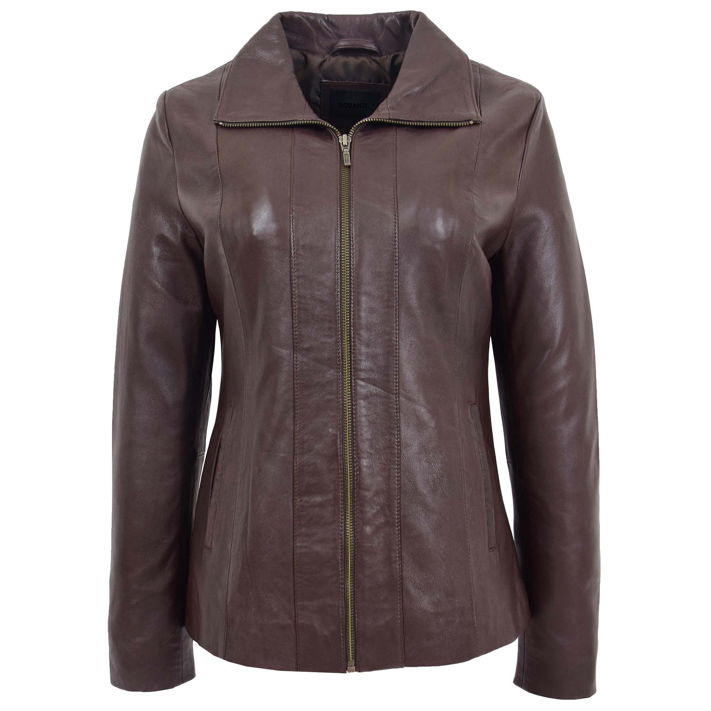 BUNERI Veste en Cuir Classique à Fermeture Éclair pour Femme Marron
