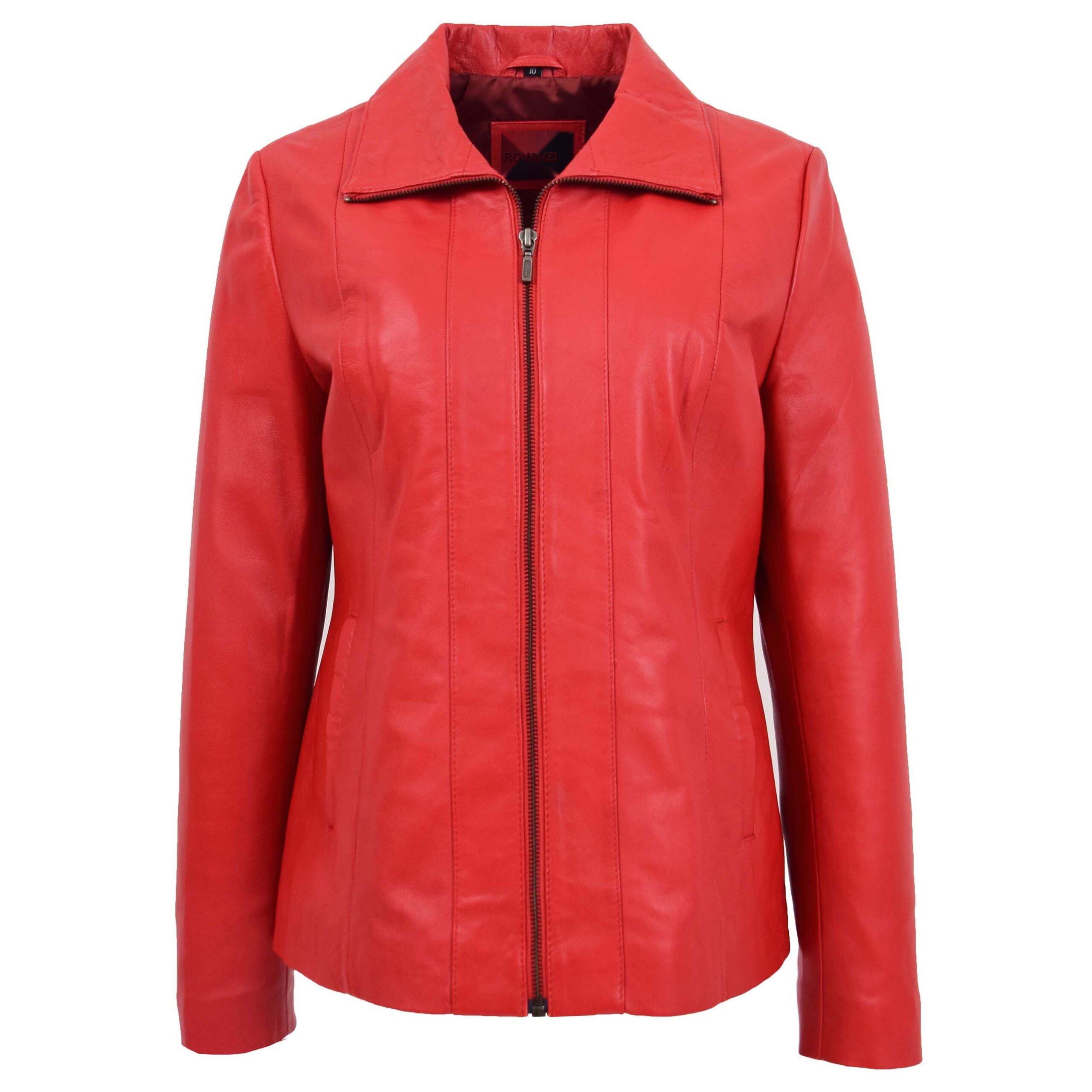 BUNERI Veste en Cuir Rouge Classique à Zip pour Femme