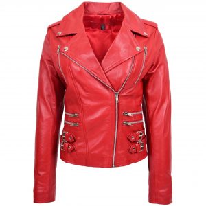 BUNERI Biker Cuir Cara Rouge Cross Zip Femme