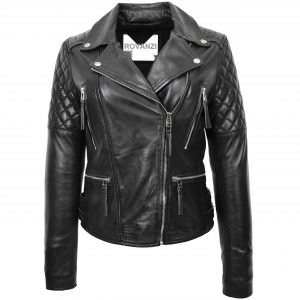 BUNERI Veste Biker en Cuir Fermeture Croisée pour Femme Noir