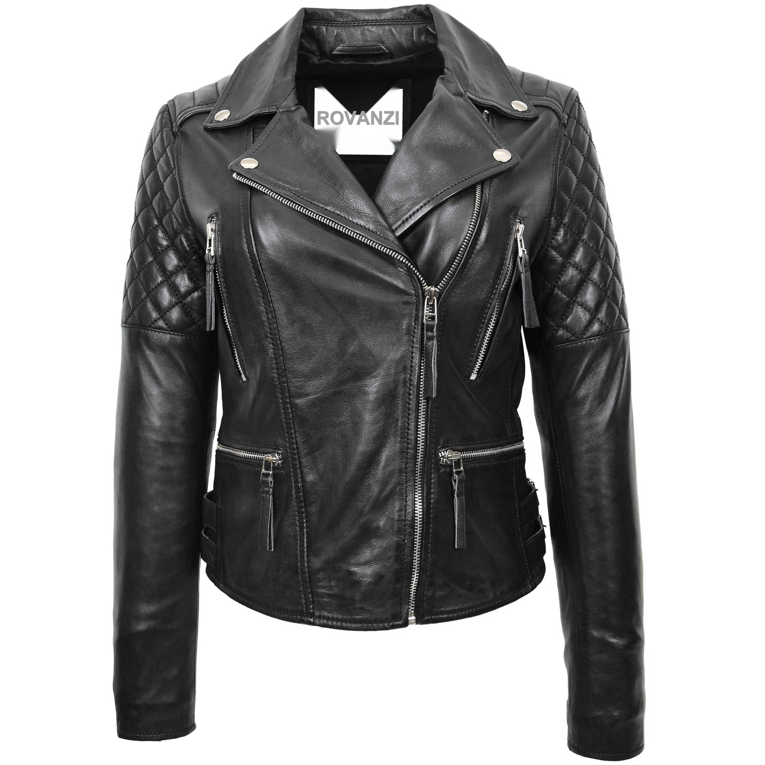 BUNERI Veste Biker en Cuir Fermeture Croisée pour Femme Noir