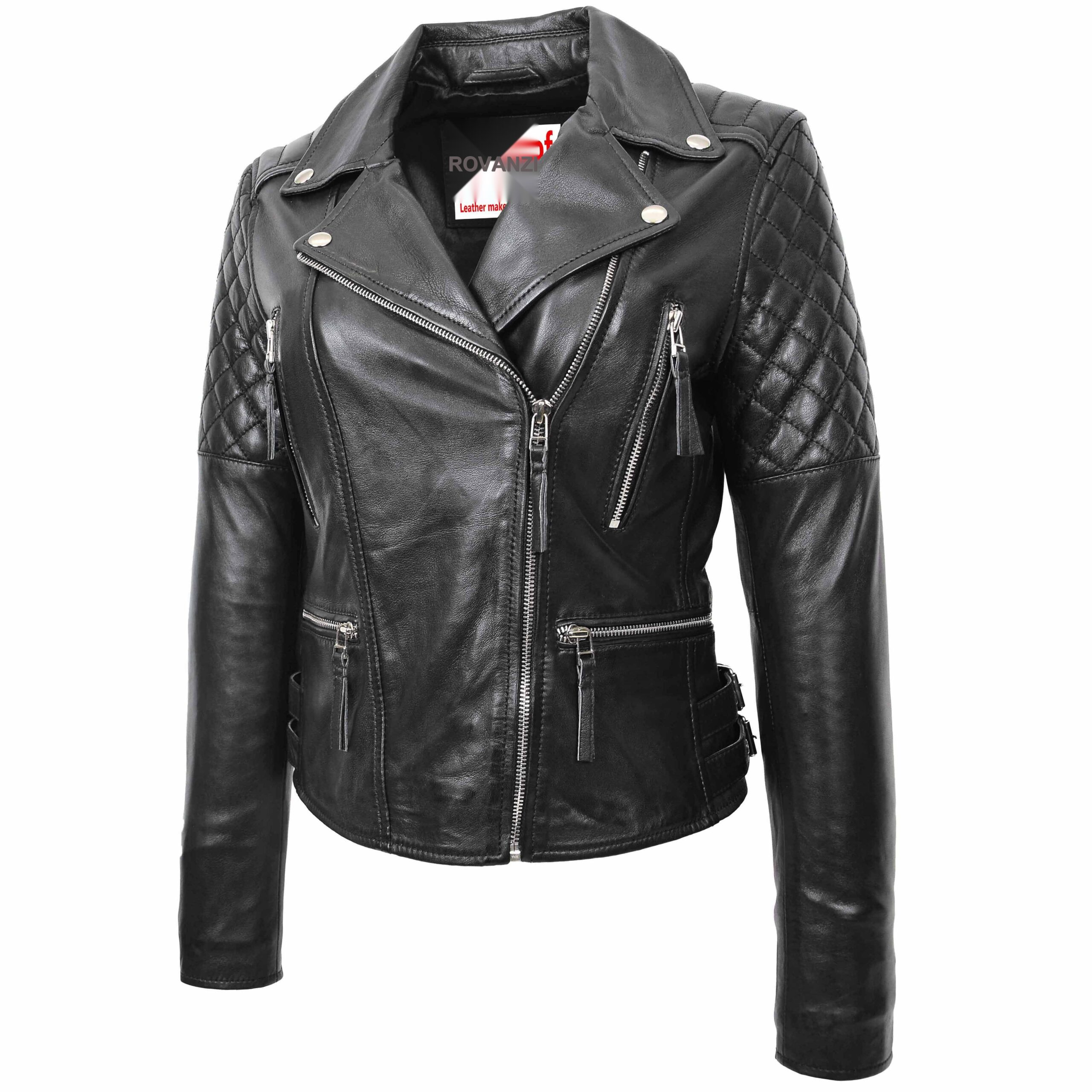 BUNERI Veste Biker en Cuir Fermeture Croisée pour Femme Noir – Image 4