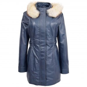 BUNERI Manteau en Cuir Bleu pour Femme à Capuche Amovible