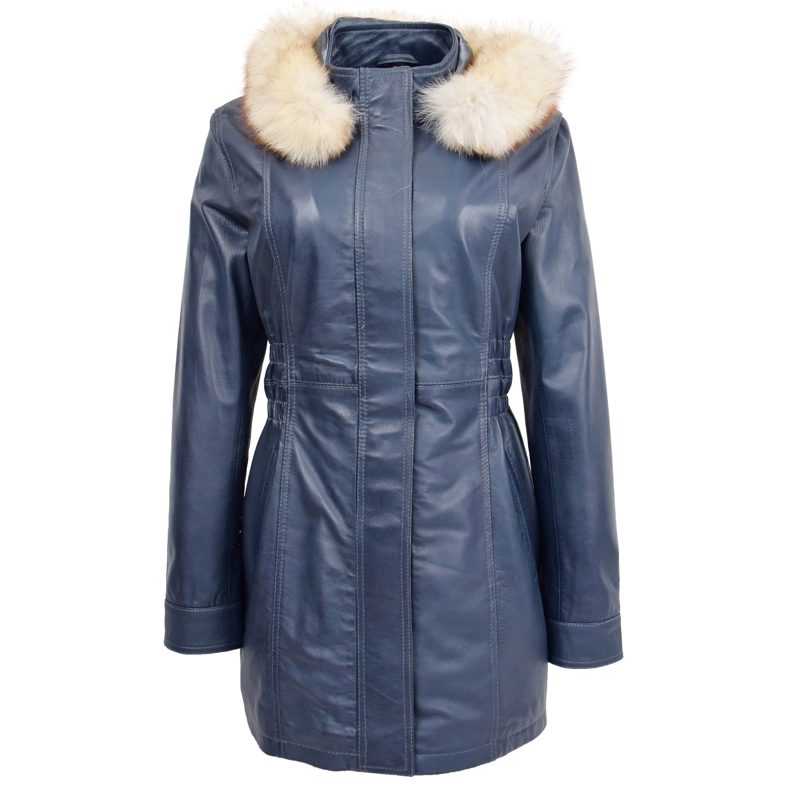 BUNERI Manteau en Cuir Bleu pour Femme à Capuche Amovible