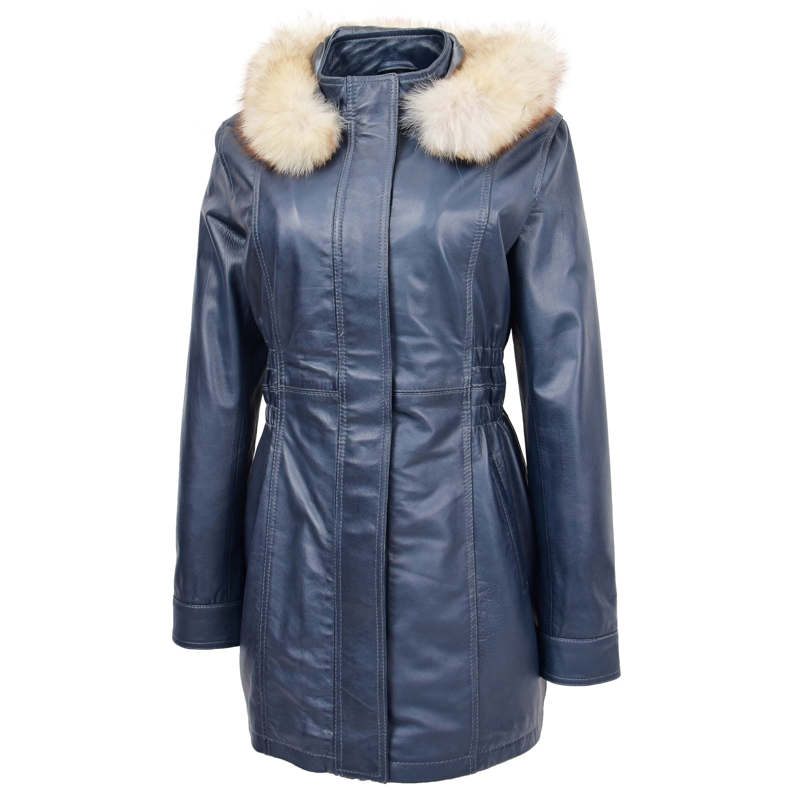 BUNERI Manteau en Cuir Bleu pour Femme à Capuche Amovible – Image 3