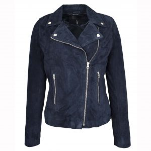 BUNERI Veste Biker en Daim Bleu Marine pour Femme
