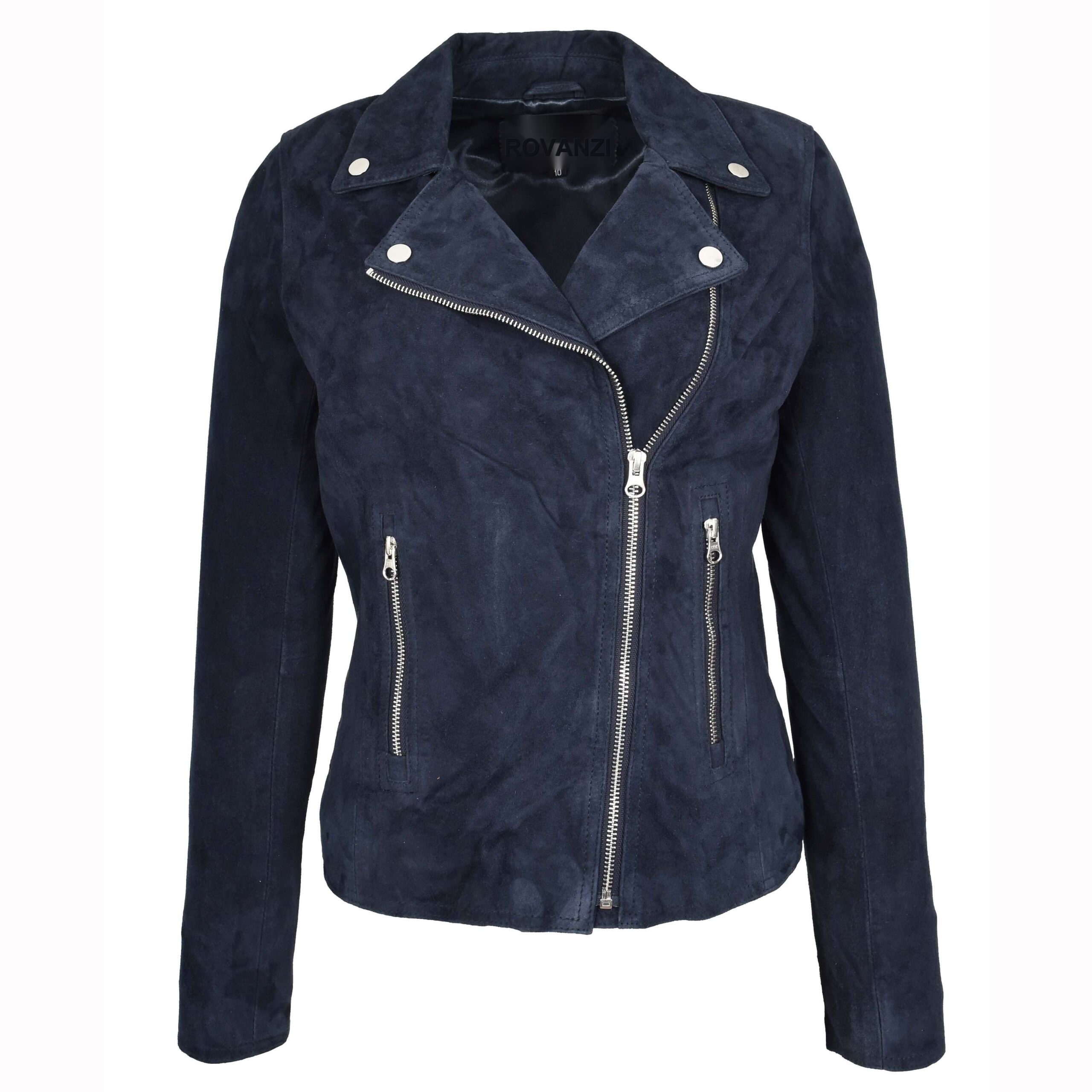 BUNERI Veste Biker en Daim Bleu Marine pour Femme