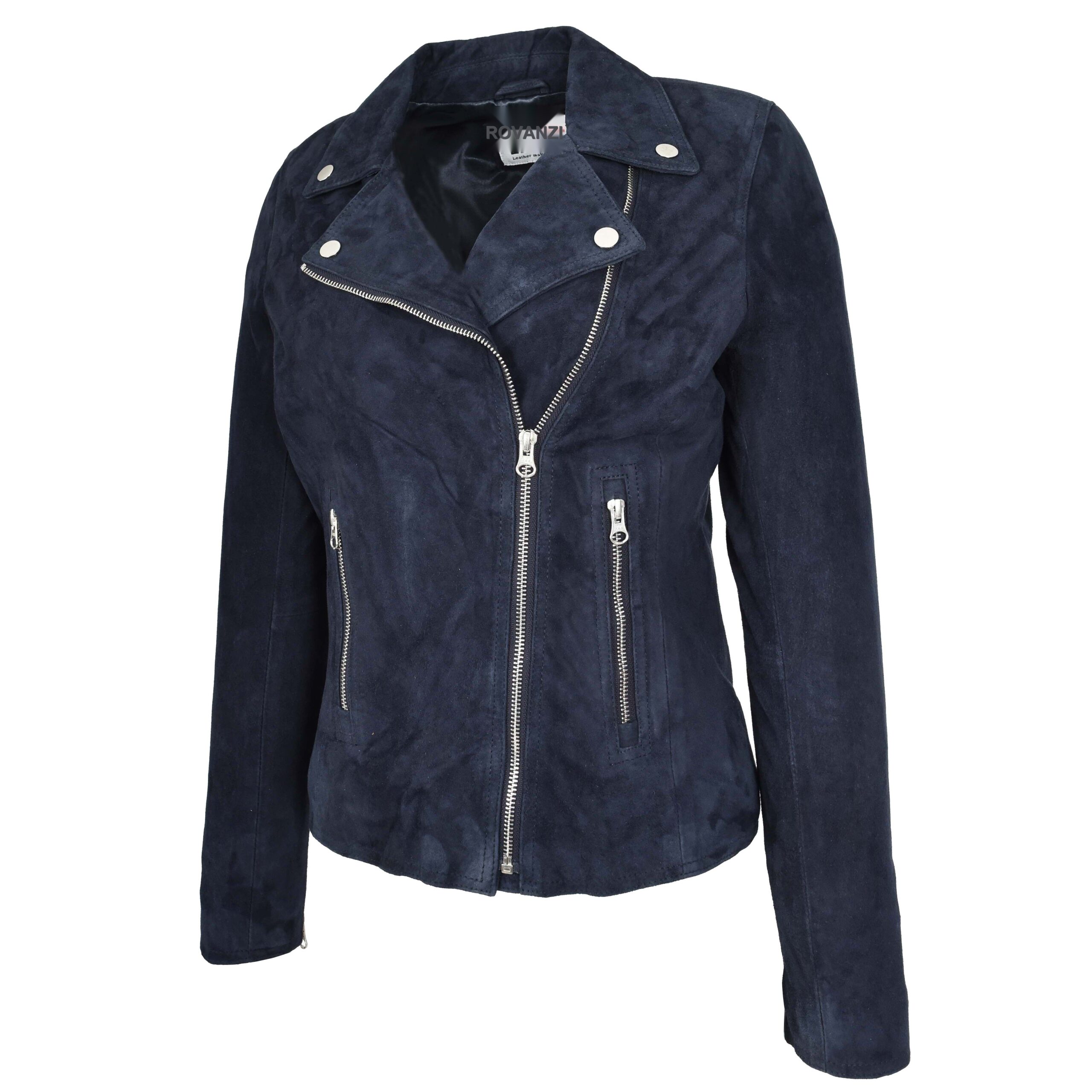 BUNERI Veste Biker en Daim Bleu Marine pour Femme – Image 5