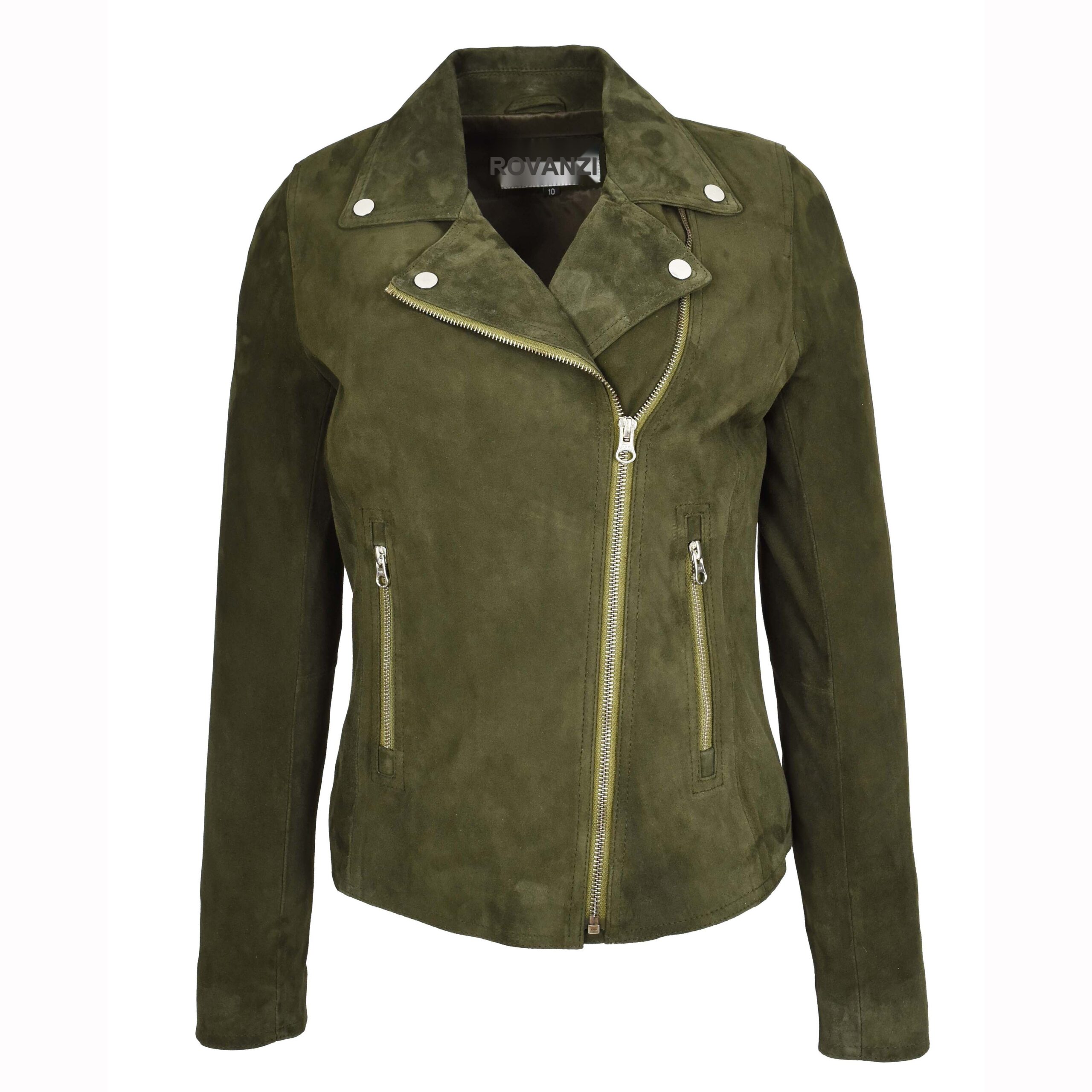 BUNERI Veste Biker en Daim de Chevre Authentique pour Femme Vert Olive