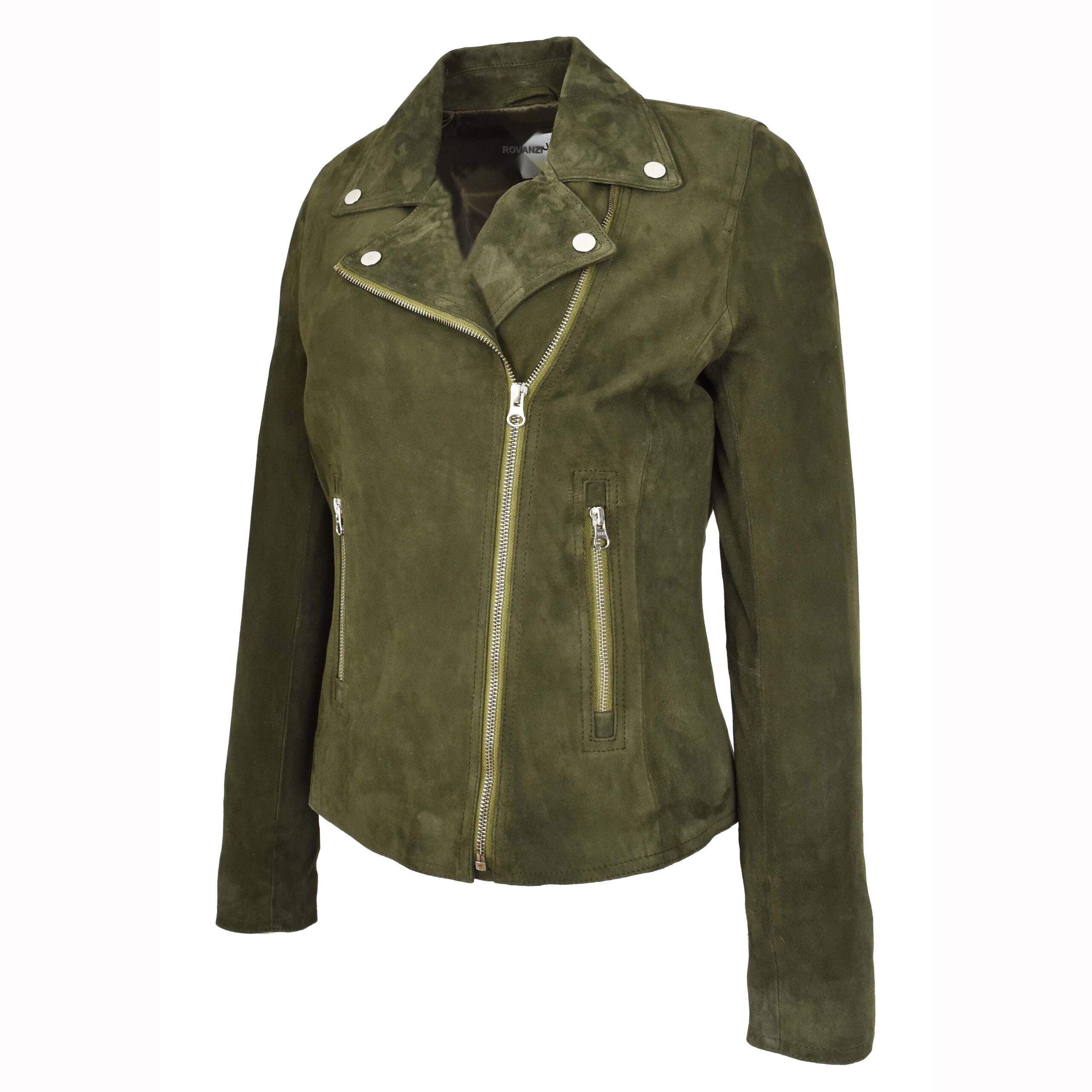 BUNERI Veste Biker en Daim de Chevre Authentique pour Femme Vert Olive – Image 5
